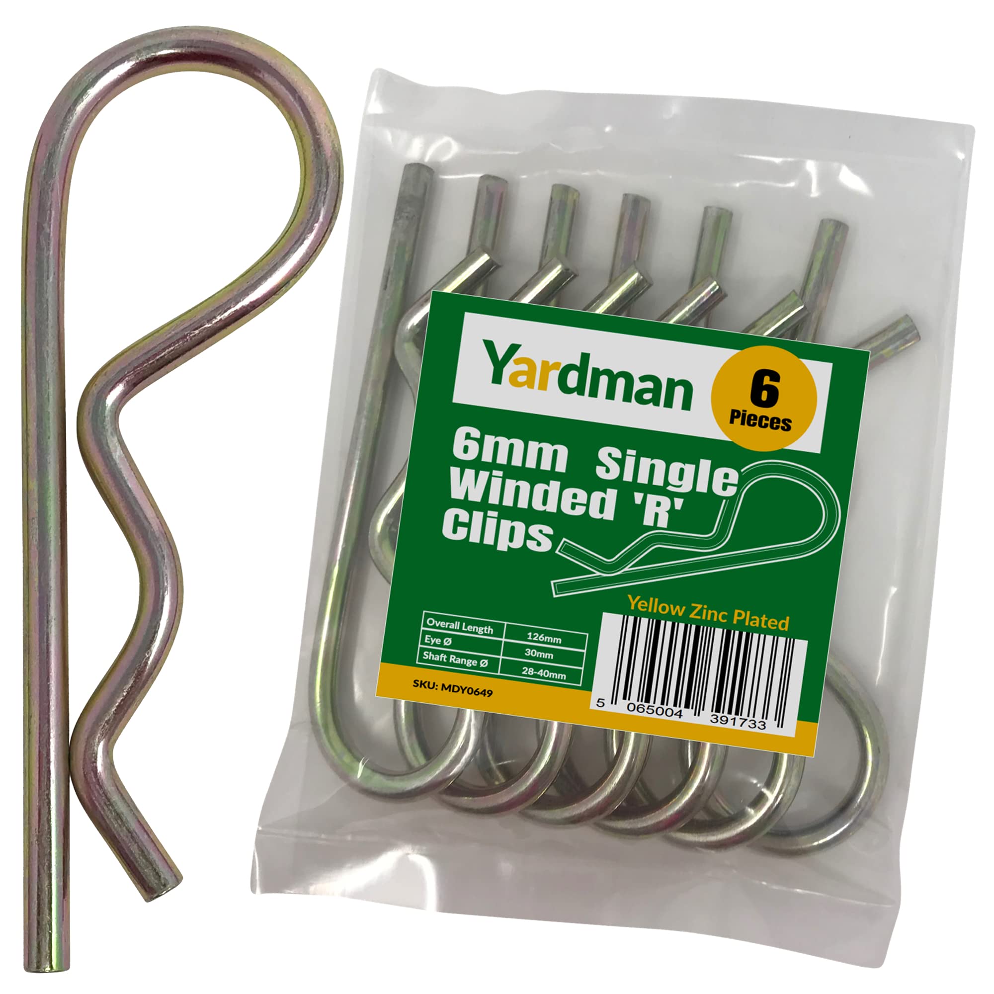 YARDMAN R Clips 6-pcs 6mm x 126mm – Single Winded - Yellow Zinc Plated - Locking Hitch Pin – R Shape Cotter Pin - R Split Retaining Hair Pin Clips for Tractors, Trailers, Auto Mechanics