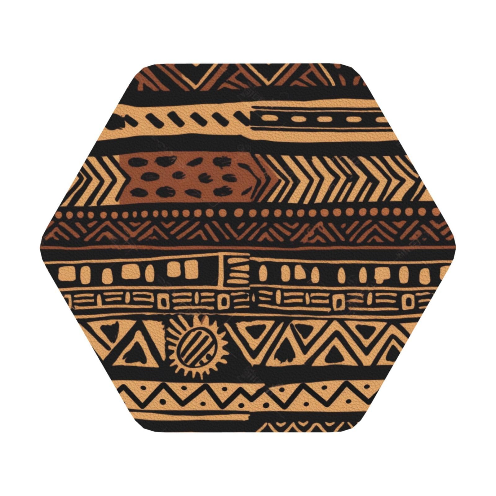 African Mud Cloth Tribal 1 Print Leather Coaster Set of 6, Hexagon Coasters Table Decorative Coffee Cup Beverage Coasters Wine Beer Bar Coasters for Hot Drinks Table Protection