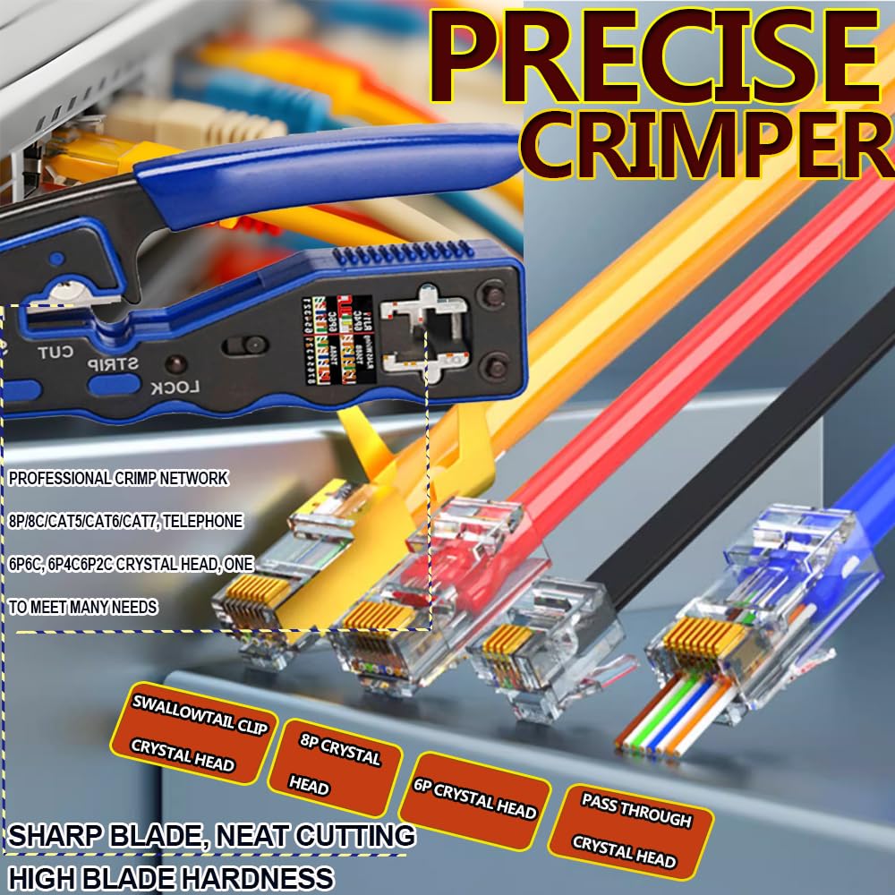 LEATBUY Pince à sertir Cat5/Cat5e/Cat6 Pince à sertir RJ45 pour RJ11/RJ12 pour passage régulier avec 50 connecteurs, 50 couvertures pour dénuder les fils réseau (Bleu)