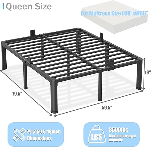 Miniatura 52 de Base de cama de tamaño matrimonial de 18 pulgadas con patas de esquina redondas, tapón deslizante de colchón, plataforma de metal resistente de 3500