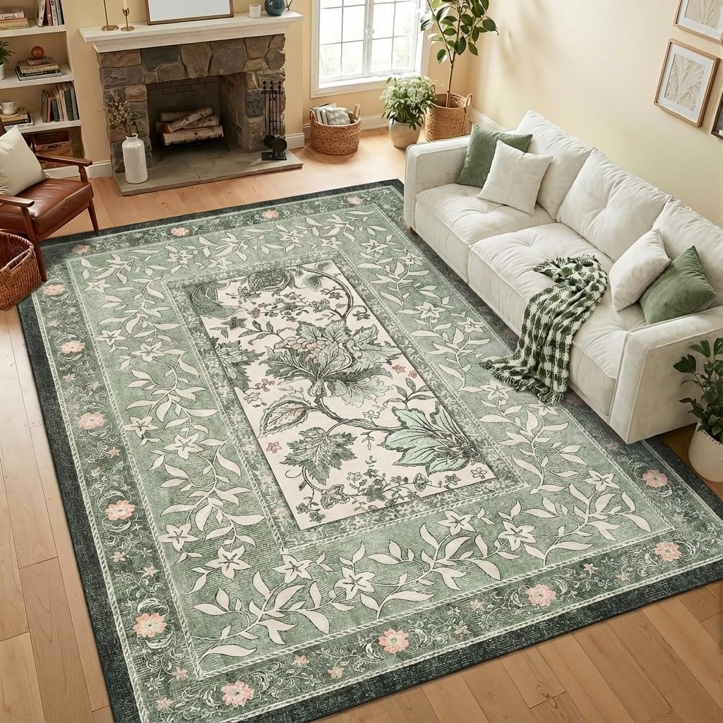 GarveeHome Provence 5x7 Area Rugs, Botanical Grove Sage Green Vintage Cottagecore Non-Slip Washable Rug for Living Room Bedroom Nursery Kitchen Low-Pile Retro Carpet