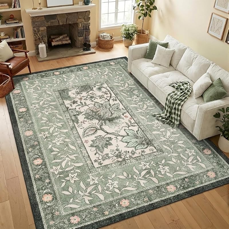 GarveeHome Provence Alfombras de área de 5 x 7, Botanical Grove Sage Green Vintage Cottagecore Alfombra antideslizante lavable para sala de estar, dormitorio, cuarto de bebé, cocina, alfombra retro de pelo bajo