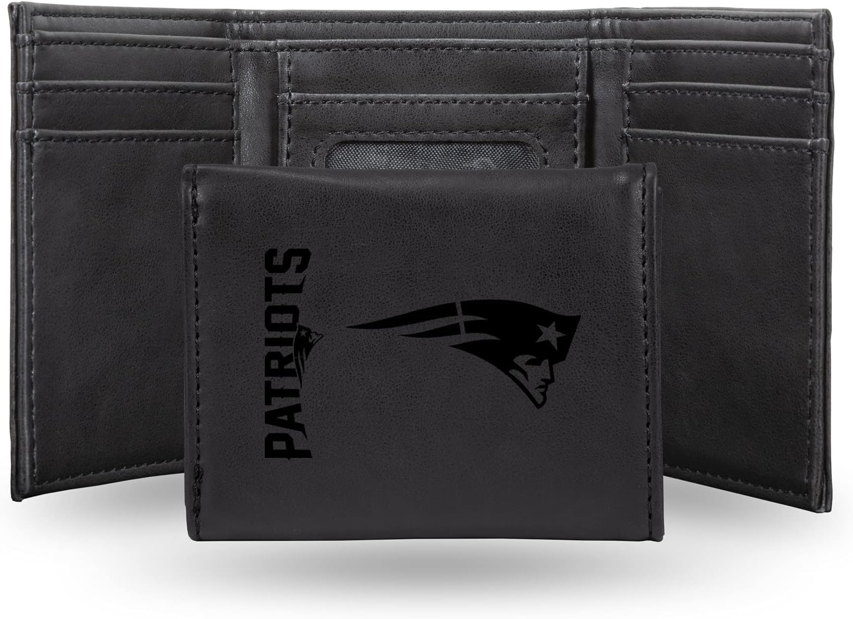 Rico IndustriesNFL New England Patriots Men's Trifold Black Wallet- Premium Laser-Engraved NFL Team Logo on Vegan/Faux Leather- Minimalist Design Includes ID Window and Credit Card Holder- Ideal Men's Gift