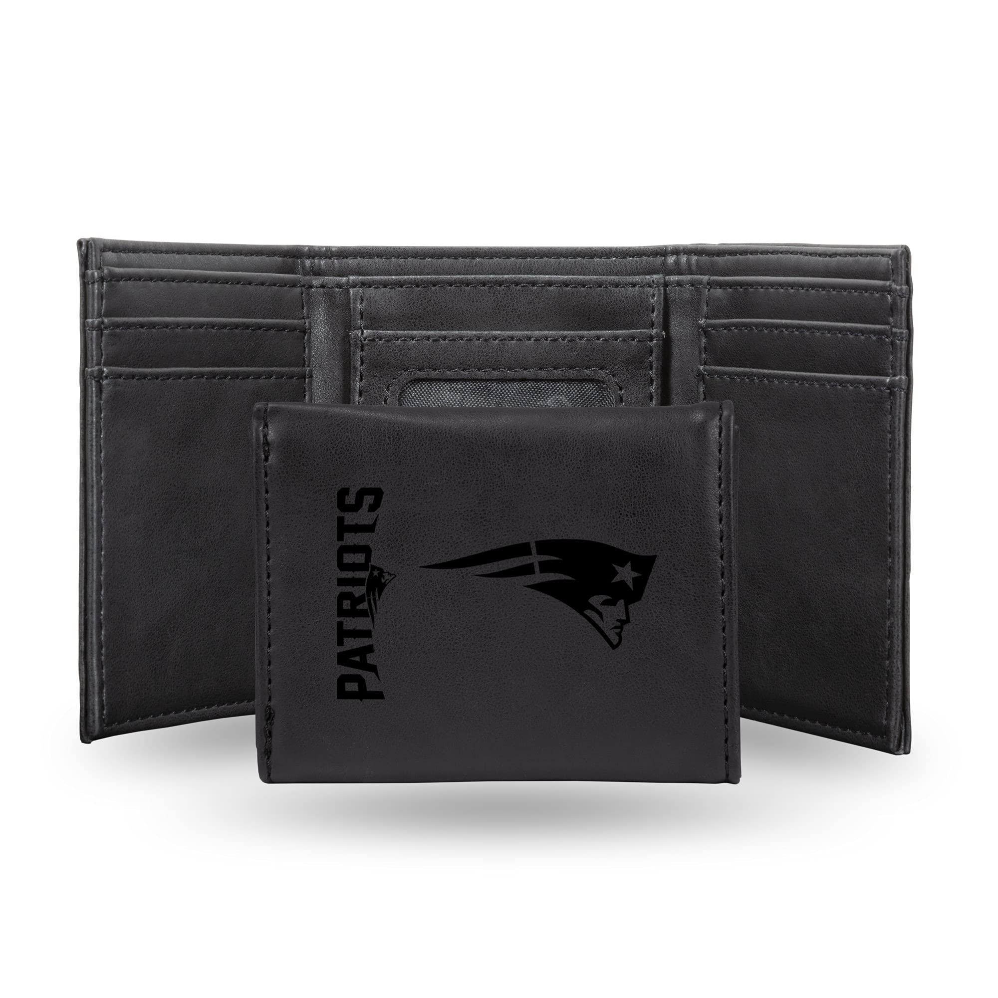 Rico IndustriesNFL New England Patriots Men's Trifold Black Wallet- Premium Laser-Engraved NFL Team Logo on Vegan/Faux Leather- Minimalist Design Includes ID Window and Credit Card Holder- Ideal Men's Gift