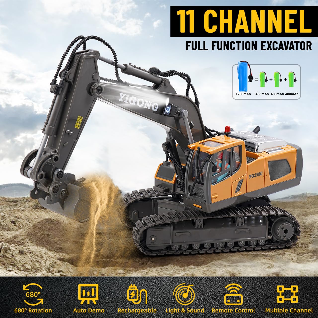 Télécommande Excavateur Jouets pour Enfants,Rechargeable RC Pelleteuse avec Pelle Métallique,Véhicules de Construction,Excavatrice Rotation de 680,Jouet Digger pour 100Mins/Sons/Lumière