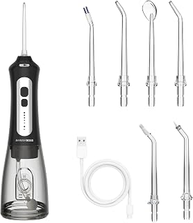 BarberBoss Irrigador bucal, Inalámbrico para dientes y encías, recargable, 5 modos de limpieza, 6 boquillas y pantalla LED, kit de hilo dental resistente al agua IPX7 (Negro)