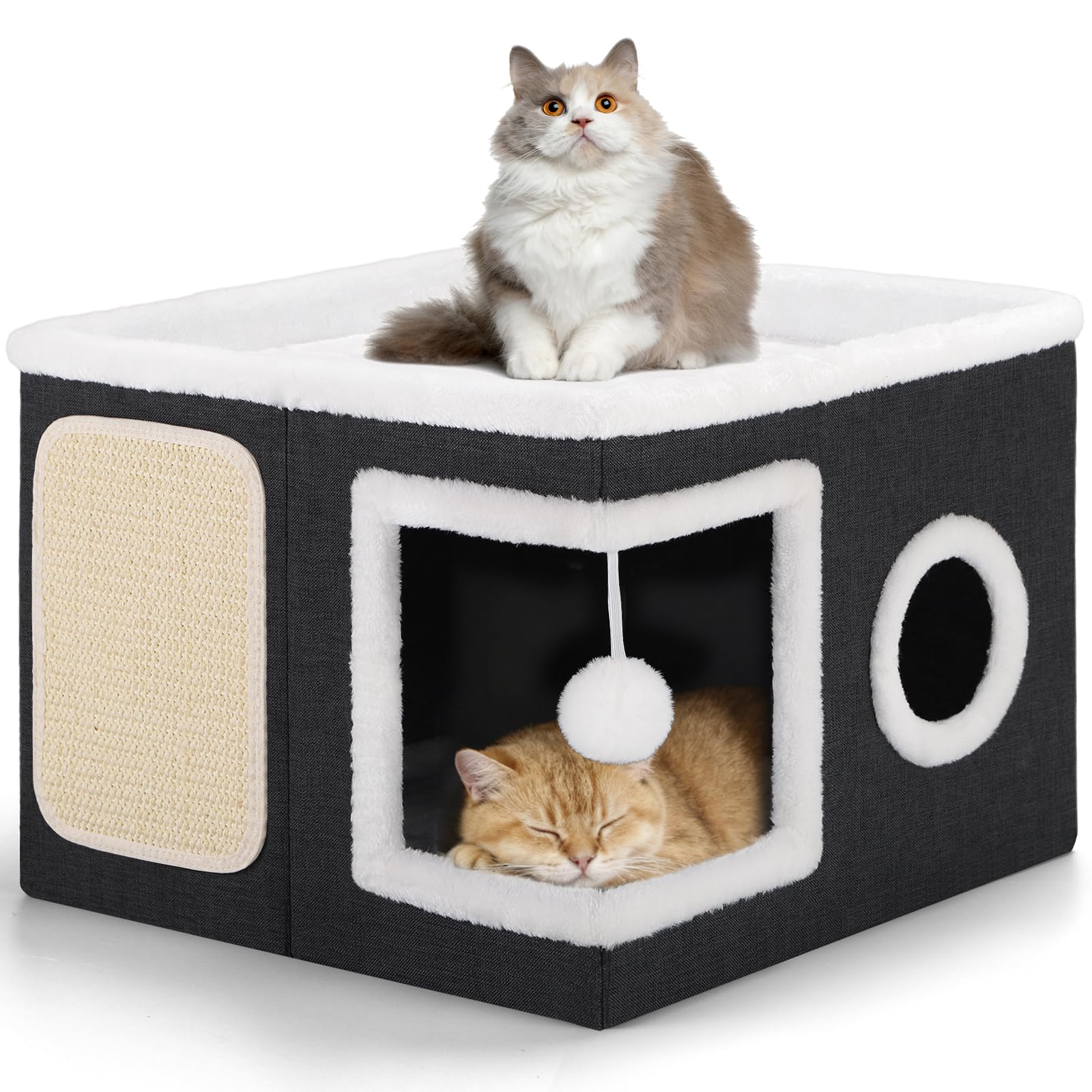 Shikha Cat House for Indoor Pets, 2 Layer Large Cat Cave with Cozy Condo, Scratch Board and Fluffy Ball, Foldable Cats Bed, Kitten Hideaway With Double-Sided Soft Cushions for All Seasons, Black-Grey