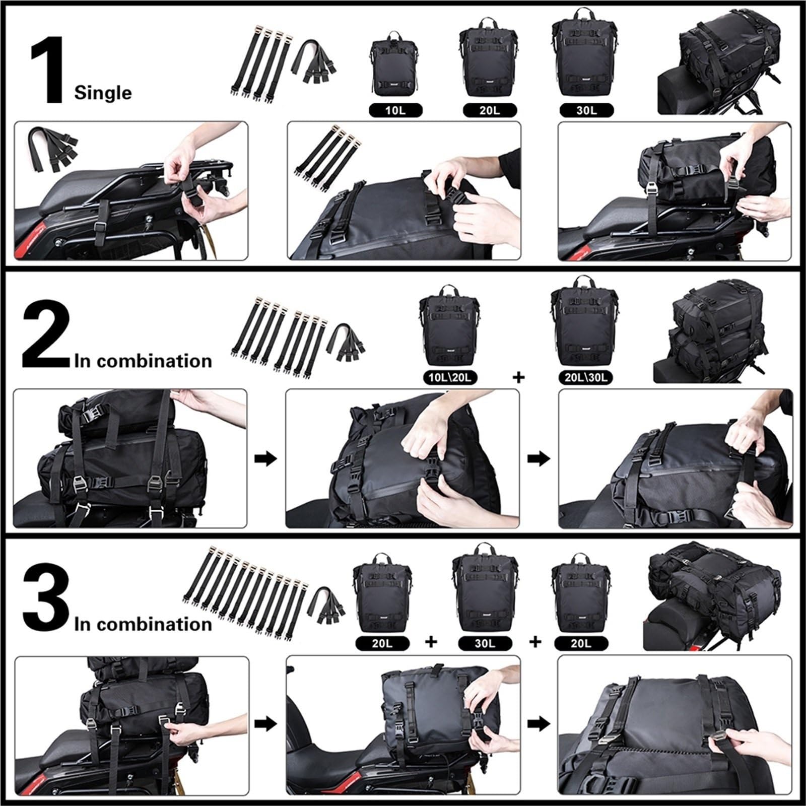 Marsupio Gamba Moto Borsa Posteriore per Moto, Impermeabile, per Motocross, Multifunzione, con Copertura Antipioggia Borsa Moto(30L Black)