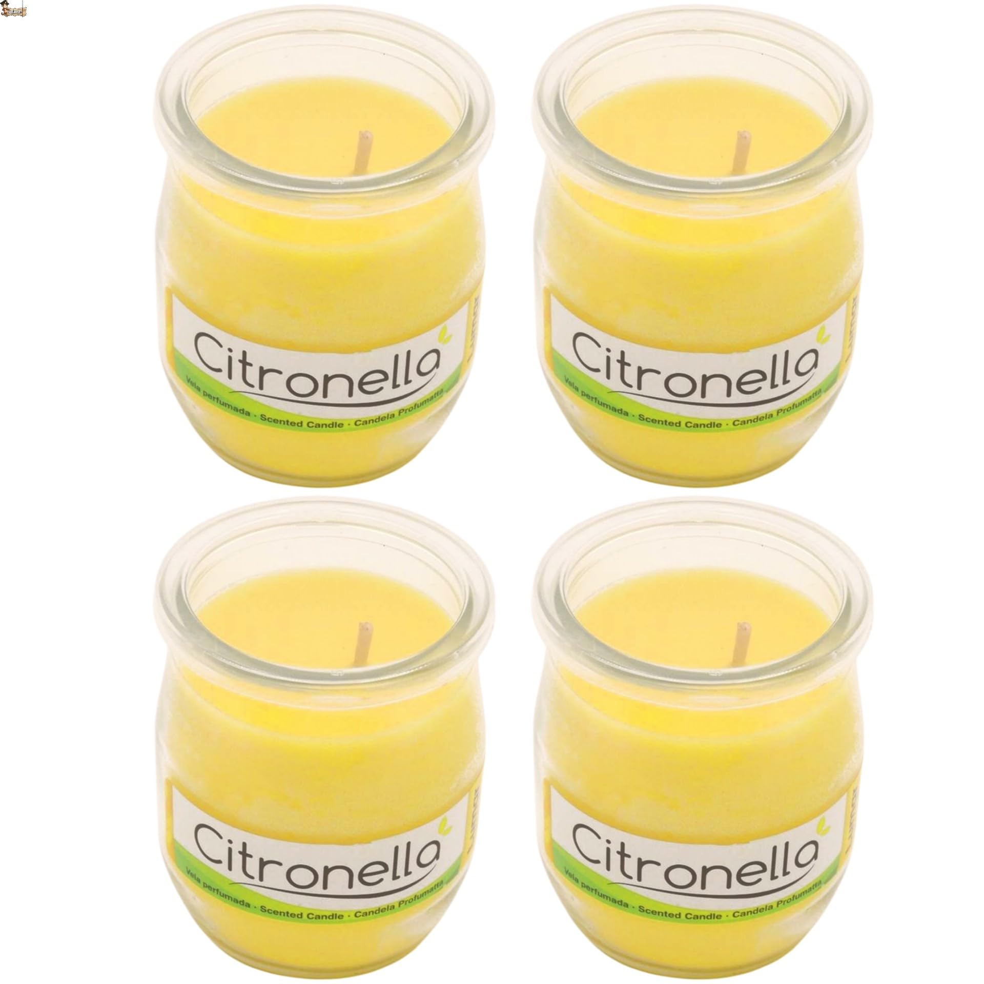 BricoLoco.com Vela citronela antimosquitos. Pack 4 uds. Repelente anti mosquitos interior o exterior. Velas aromáticas perfumadas citronella. Larga duración 20 horas. Vaso yogurt cristal (Pack 4 uds.)