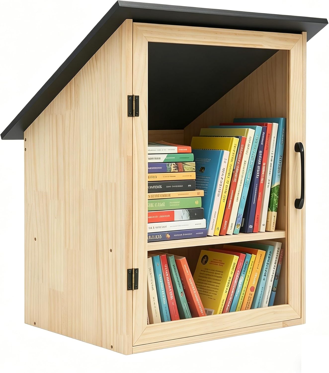 Little Outdoor Library Box, 2-Tier Waterproof Free Library Wooden Cabinet, 16x14x23in Small Storage Box for DIY, Neighbourhoods, Communities and Kids to Share Books, Magazines, Artworks