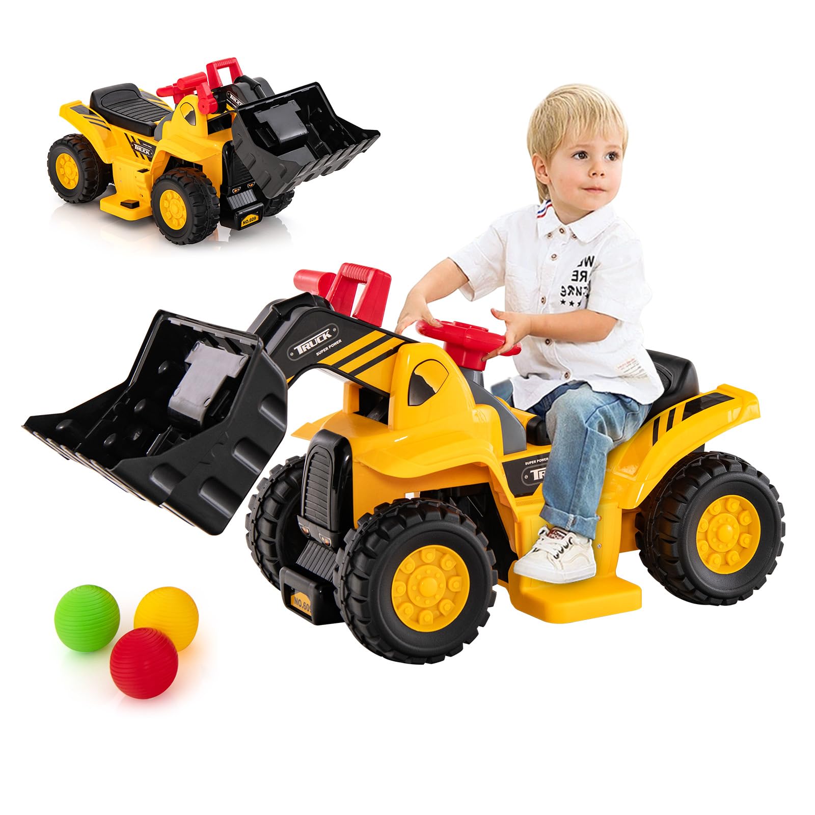 COSTWAY 6V Tractopelle Enfants Électrique avec Pelle & Panier de Basket Pliable, Pelleteuse Enfants Électrique avec Effets Sonores & Espace Caché, Charge 25KG pour Enfants de 2 Ans+ (Tractopelle)