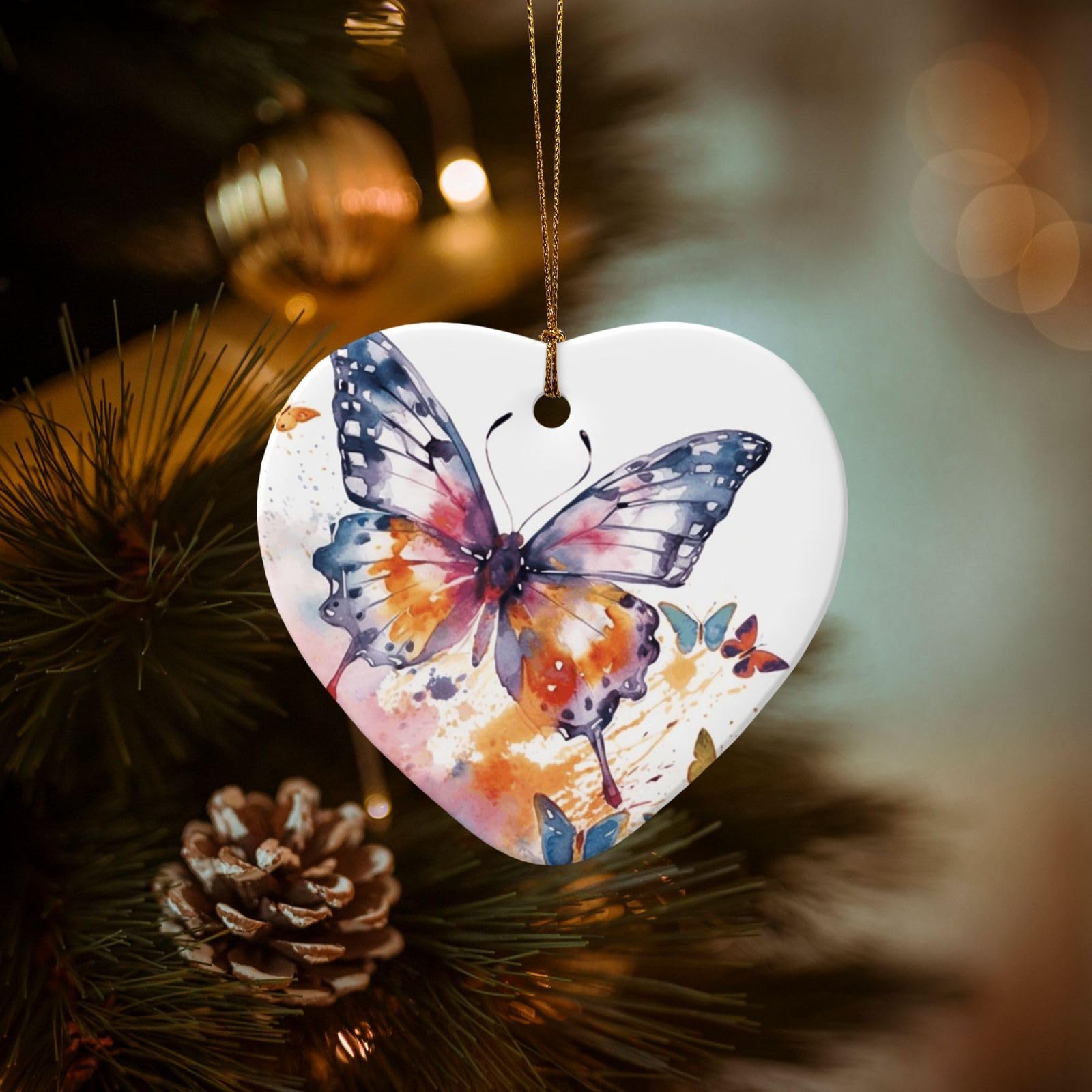 Christmas Tree Ornaments Ceramics Christmas Decorations Watercolor Butterfly Ornaments with Gold Ribbon Porcelain Xmas Tree Crafts Heart Shape Hanging Pendant for Christmas Tree Party Decor