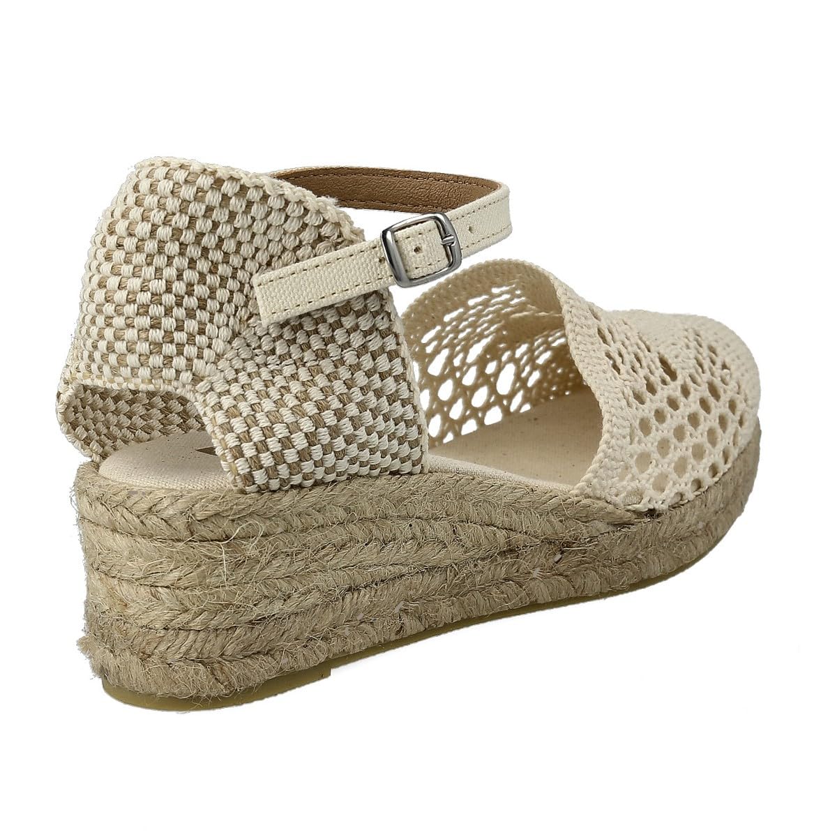 Damen Jute Gehäkelte Keilsandalen. Schuhe aus Spanien. Wedges Espadrilles mit Niedrigem Hacke. Innenpflanze mit Stoff Gepolstert. Knöchelschnalle und Knöchelriemen