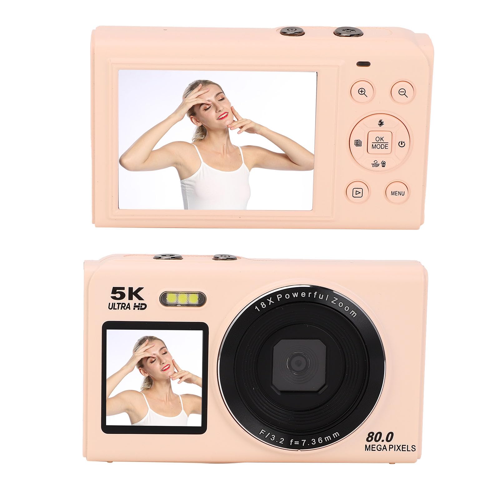 Fockety Fotocamera Digitale 5k per Fotografia, Fotocamera da Vlog Wifi Zoom da 80 MP 18x Zoom per YouTube, Videocamere Portatili Compatta con Flash per Bambini, Streaming Live (Roseo)