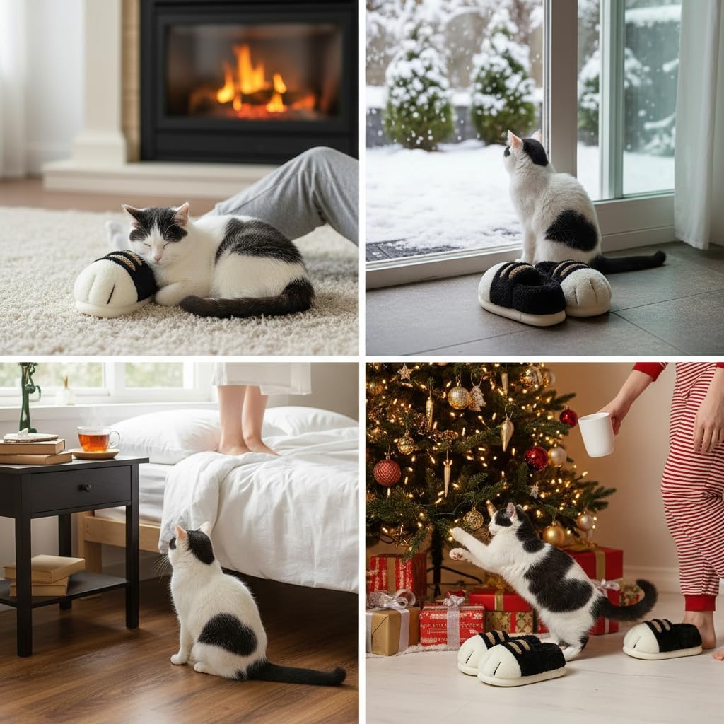 Plush cat paw slippers，non-slip soles, cozy and cute slippers