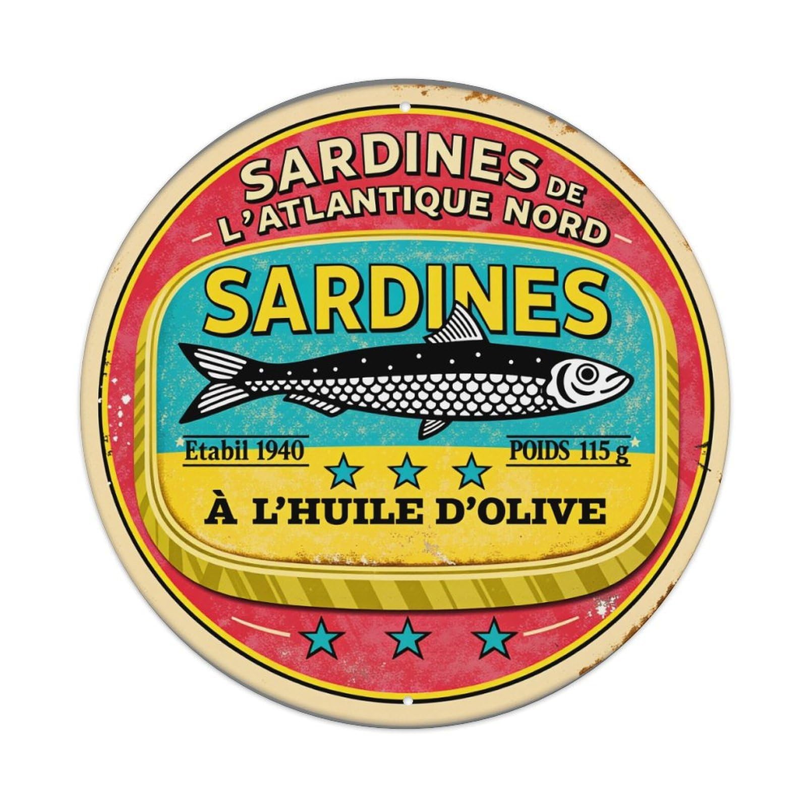 Sardines Atlantic North Olive Oil Stars Established 1940 Weight 115g Round Vintage Tin Sign,Retro Wall Art,Metal Poster for Home, Bar, Garage, Cafe, Rustic Indoor & Outdoor Decor, 8x8 Inches
