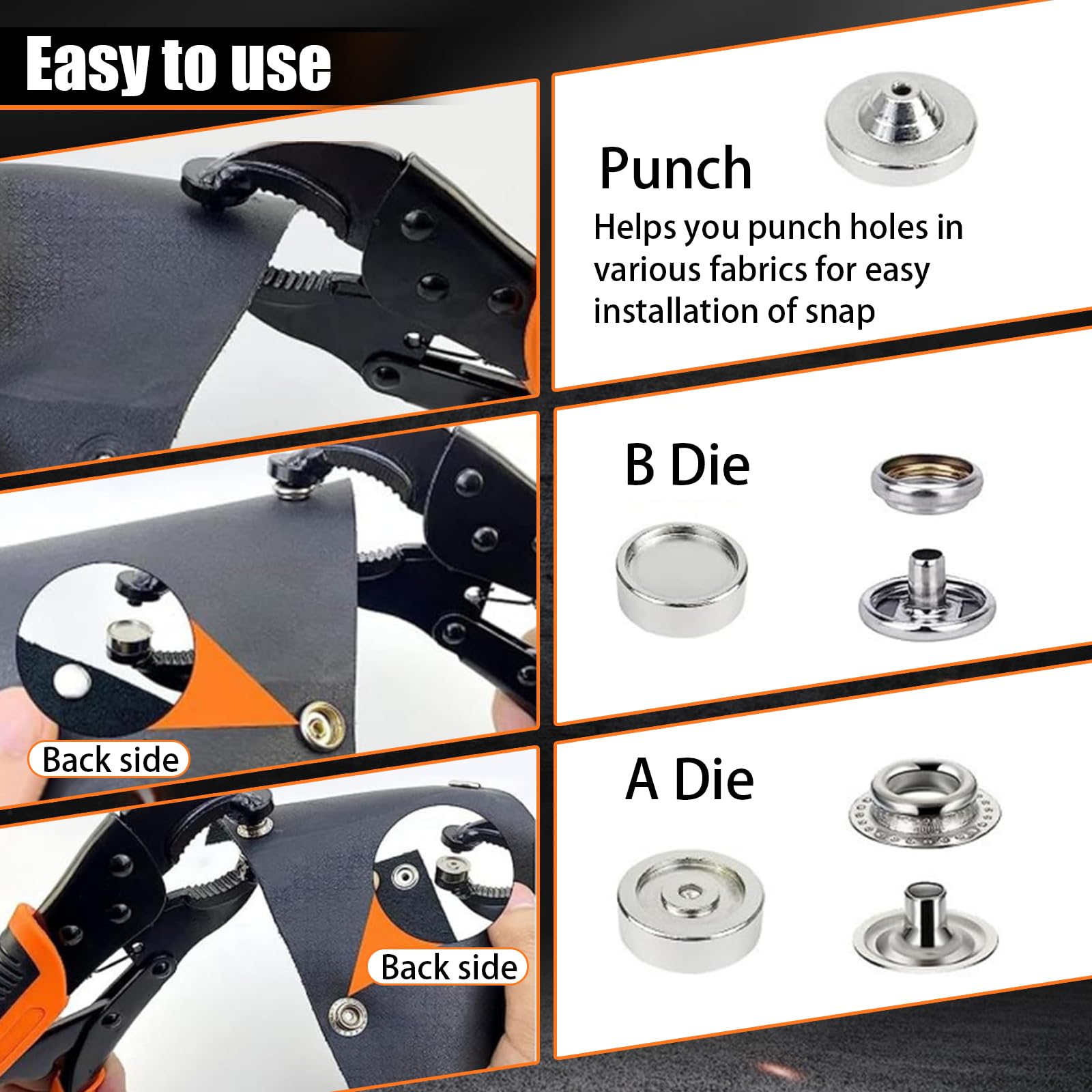 Corchetes de Presión Metálicos Kit - Alicates Ajustables con 3 Matrices Magnéticas, 100 Botones de 15mm para Cuero, Lona, Barcos, Ropa y Bricolaje