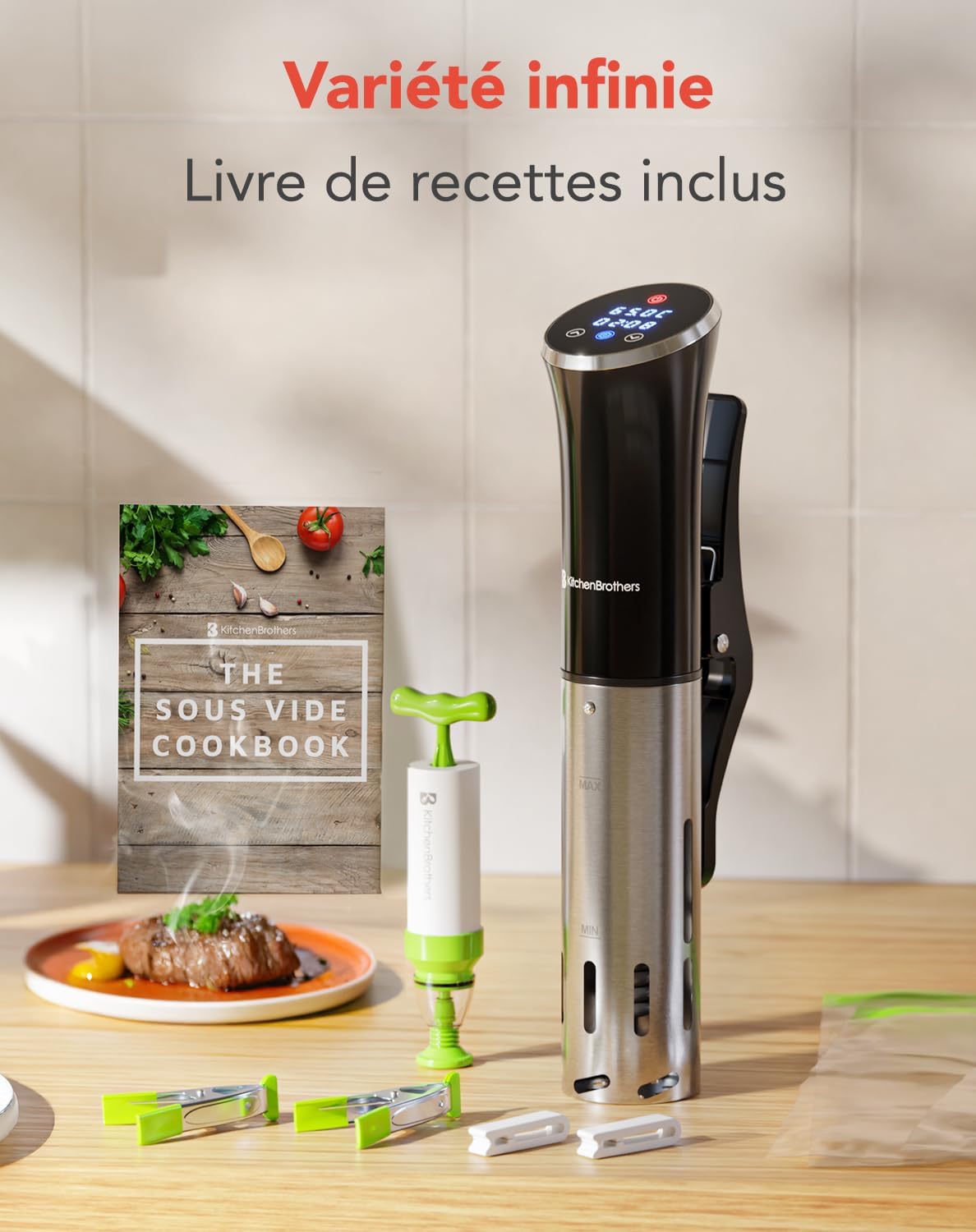 KitchenBrothers Sous Vide Immersion Circulator with included accessories: vacuum pump, reusable bags, clips, and cookbook.