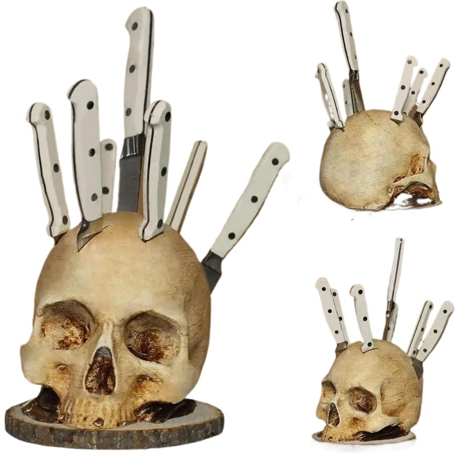 Totenkopf-Messerhalter aus Kunstharz for eine unvergessliche Totenkopf-Küchendekoration – Gothic-Küchenperfektion, werten Sie Ihr Kocherlebnis mit einzigartigem Stil au