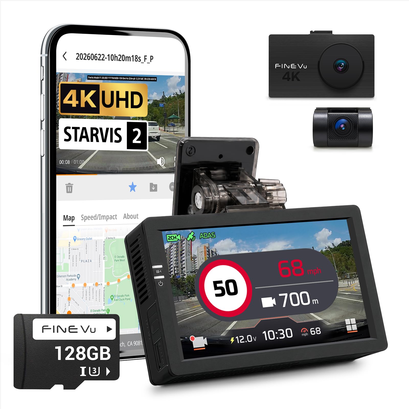 FINEDIGITAL (FineVu & FineCaddie) FineVu LX4K True 4K Dash Cam, STARVIS 2 IMX678, 128GB High-Endurance SD Card Included, 3.5” IPS Touch, Monthly Updated Speed Camera Alerts, ADAS,Night Vision - Engineered & Made in Korea