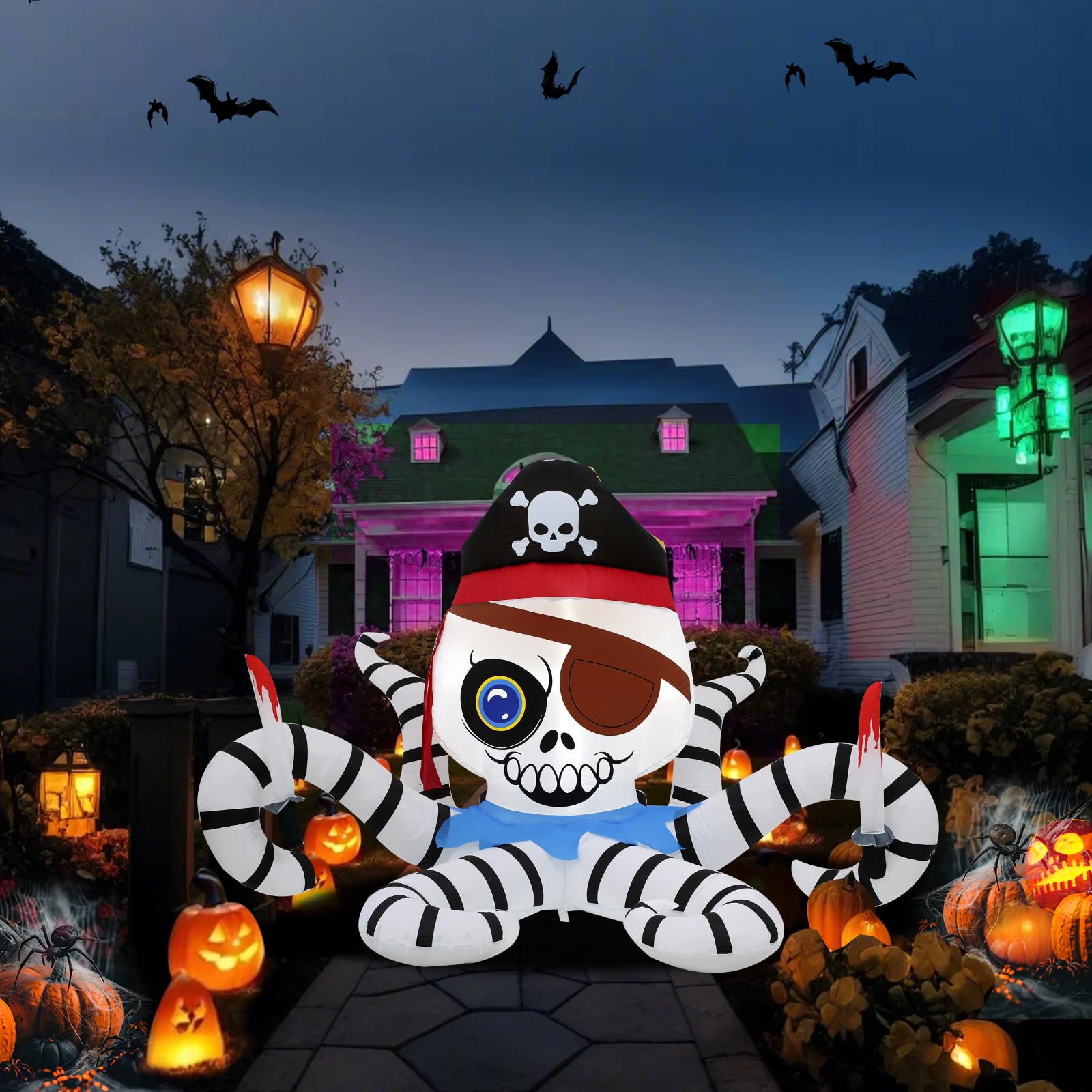 SHDEJTG 6 ft. Black and White Octopus Halloween Outdoor Inflatable Decoration, Creepy Skeleton Zombie with LED Lights, Holiday Inflatable Decoration for Outdoor Patio, Garden, Lawn…