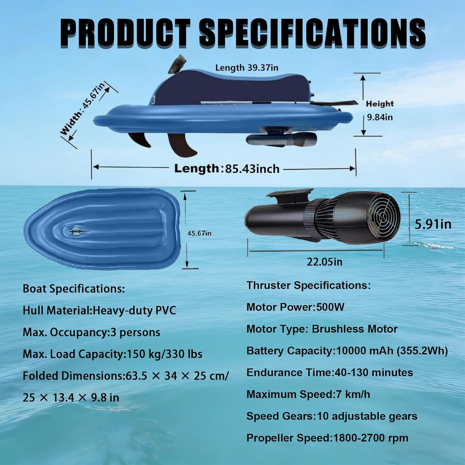 Diving Underwater Scooter & 3-in-1 Electric Inflatable Jet Ski – 500W/700W Brushless Motor, 10000/16000mAh Battery, 7-11 km/h (4.3-6.8 mph) – Sea Diving Equipment 700w