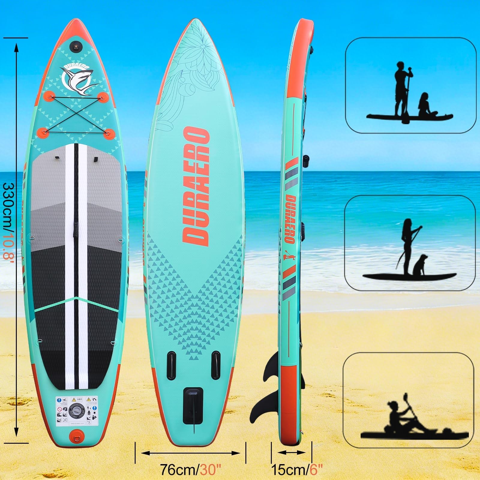 Tabla Hinchable de Paddle Surf 330x76x15 cm 150 kg Asiento Kayak Aleta Desmontable Remo Ajustable Verde Menta