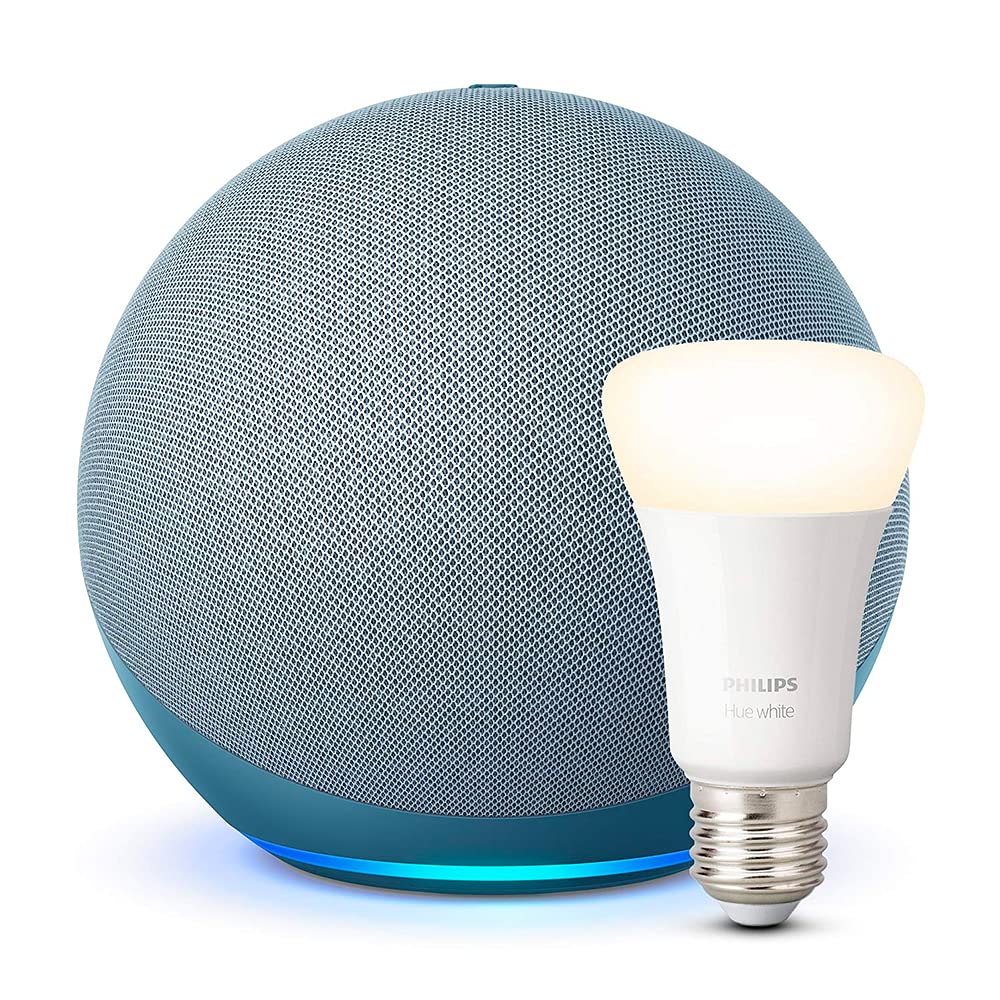 Echo (4. Generation) | Mit herausragendem Klang | Blaugrau + Philips Hue Smarte Lampe (E27), Funktionert mit Alexa
