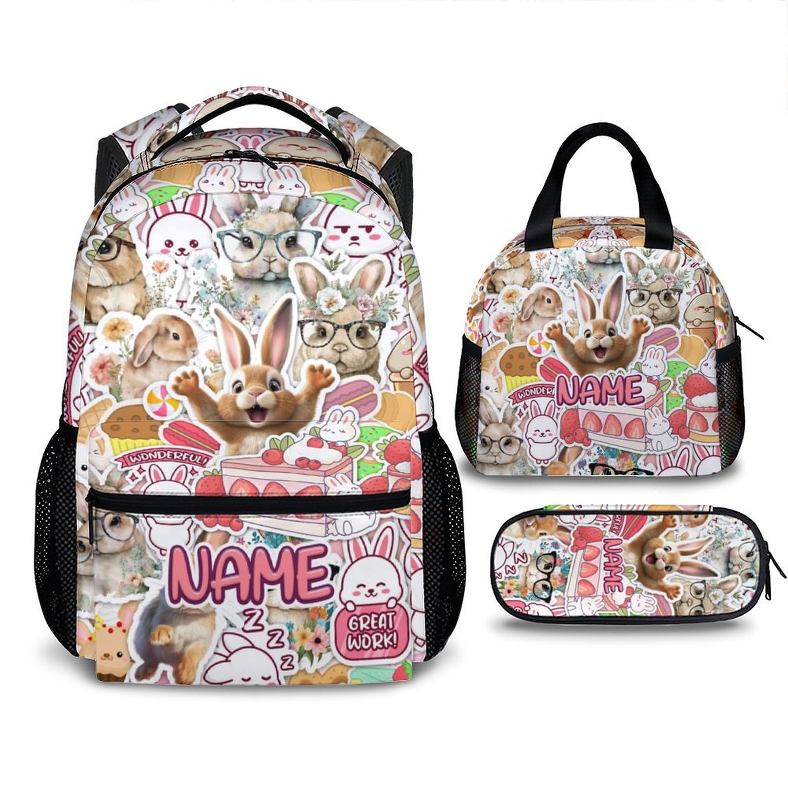 Custom Kids Backpack Set with Lunch Box Pencil Case, Cute Bunny Backpacks for School Preschool Elementary, Set of 3 Bookbag Lunch Bag Pencil Pouch