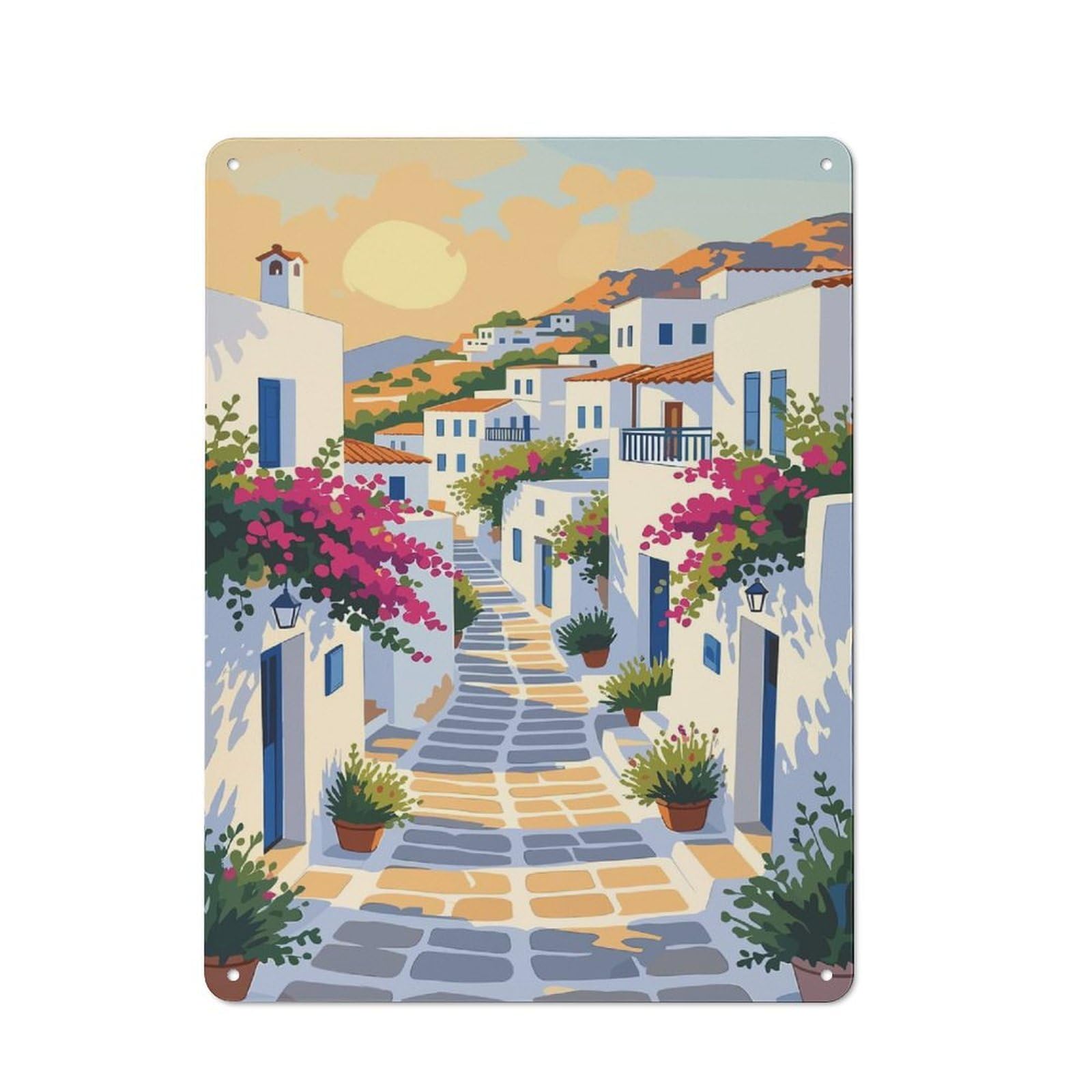 Junmoney Style For Guest Room Or Hallway, Greek Village Street Scene Illustration Vintage Metal Sign 40X30cm, New-Space Wall Decor For Home Decor Collectors