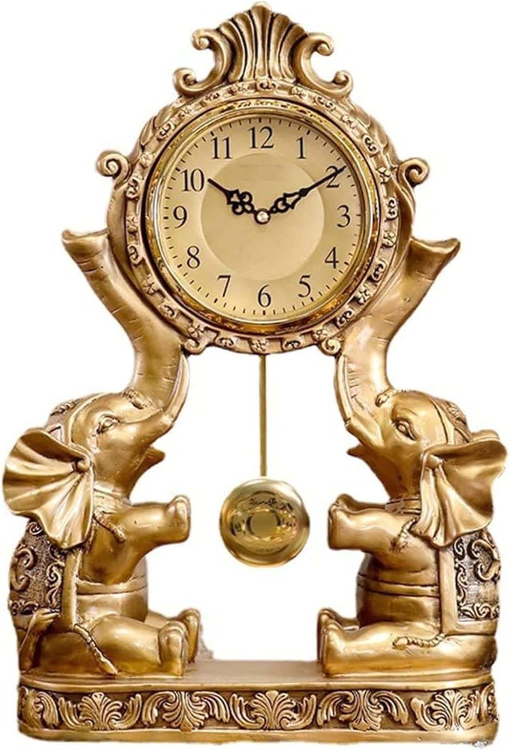 Grandfather Clock Vintage Double Elephant Sculpture Creative Home Decoration Table Clocks Silent Movement with Pendulum Mantel Clock for Home Office Decoration and Gifts (A)