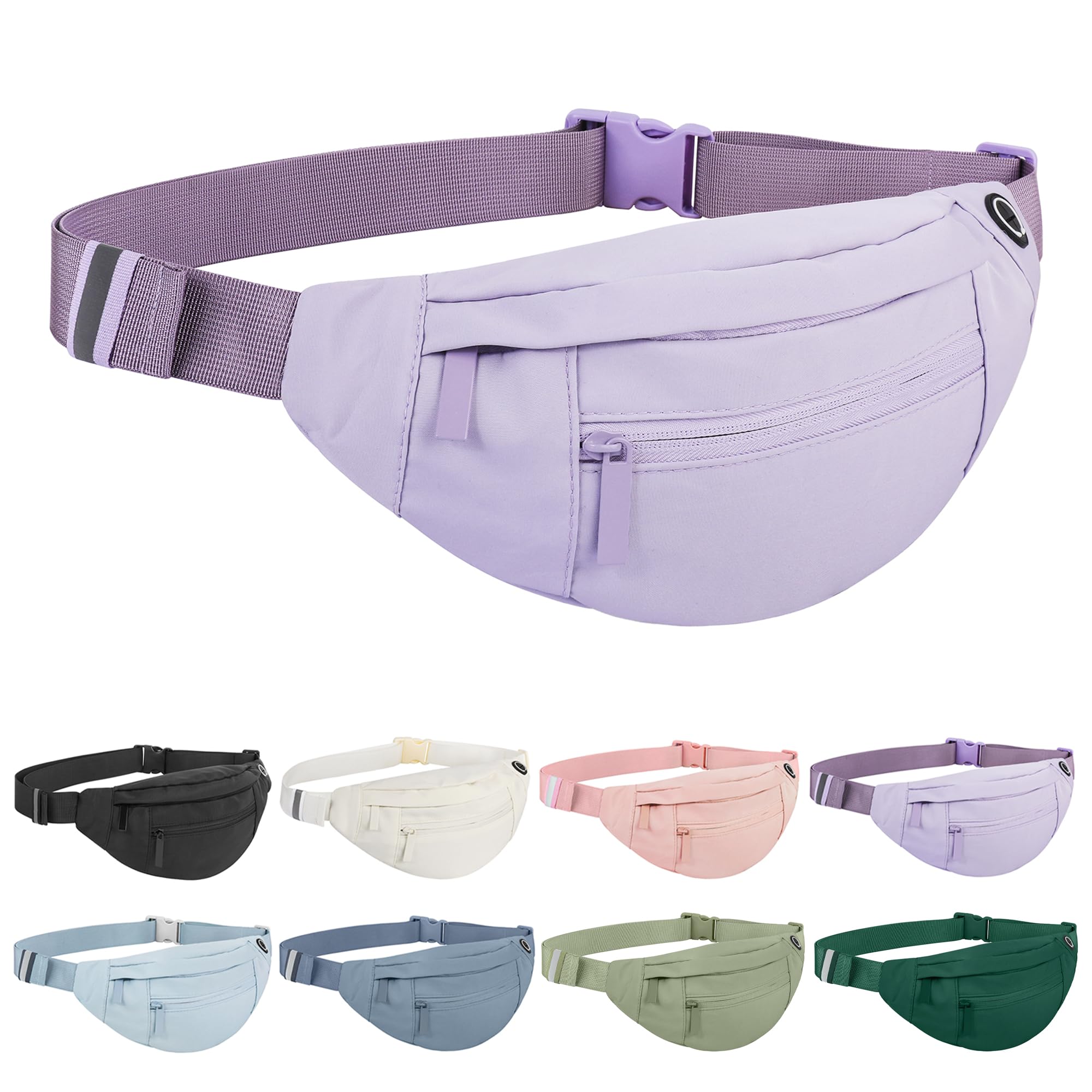 Bauchtasche für Damen und Herren, Umhängetasche, Hüfttasche mit Reißverschluss, verstellbarer Riemen, wasserdicht, für Laufen, Wandern, Reisen, Helles Violett, Large, Hüfttasche mit 4