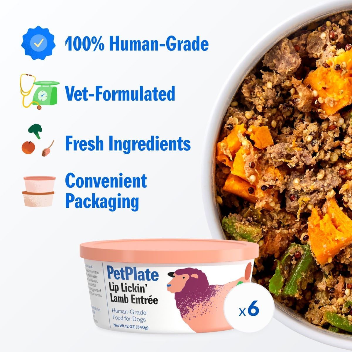 PetPlate Human-Grade Fresh Dog Food, Lip Lickin’ Lamb Entrée – Wet Dog Food for All Breeds – High-Protein, Natural – 12-oz Cups, Case of 6