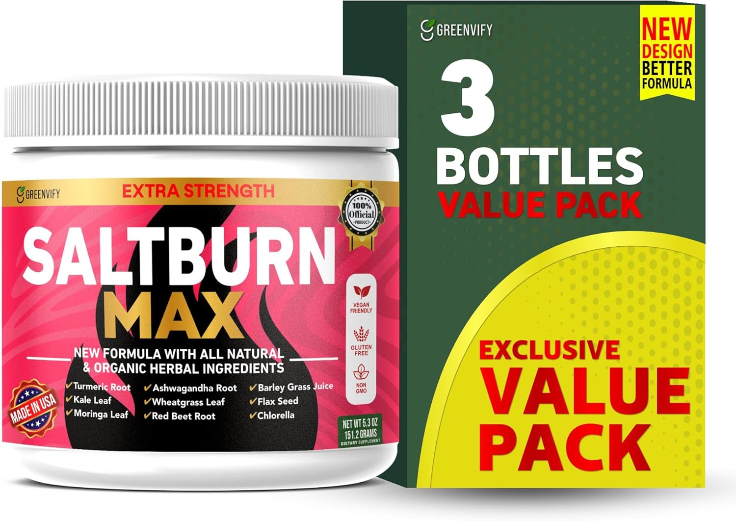 SaltBurn Max Extra Strength Natural Supplement with Organic Herbal Ingredients, Turmeric, Moringa, Wheatgrass, 28 Servings, 6.3 oz (3)