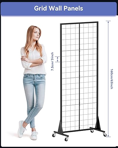 Miniatura 3 de Paquete de 3 paneles de pared de rejilla de 2 x 5.5 pies, paneles de pared de rejilla movibles pesados, estantes de exhibición al por menor,