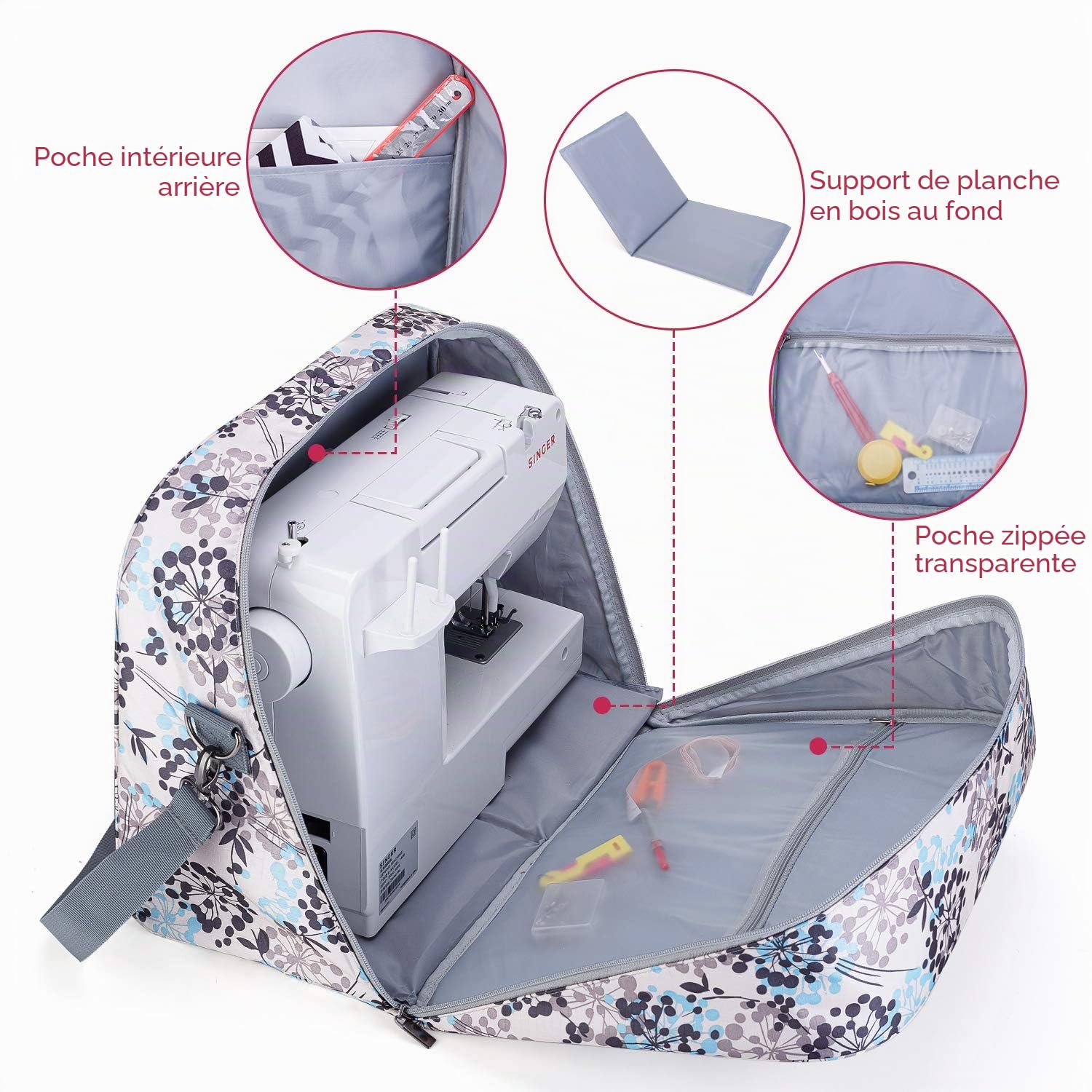 Teamoy Sac Fourre-Tout pour Le Stockage de la Machine à Coudre, Sac pour Machine à Coudre avec Planche pour Soutenir Le Fond, Sac de Rangement pour Machine à Coudre