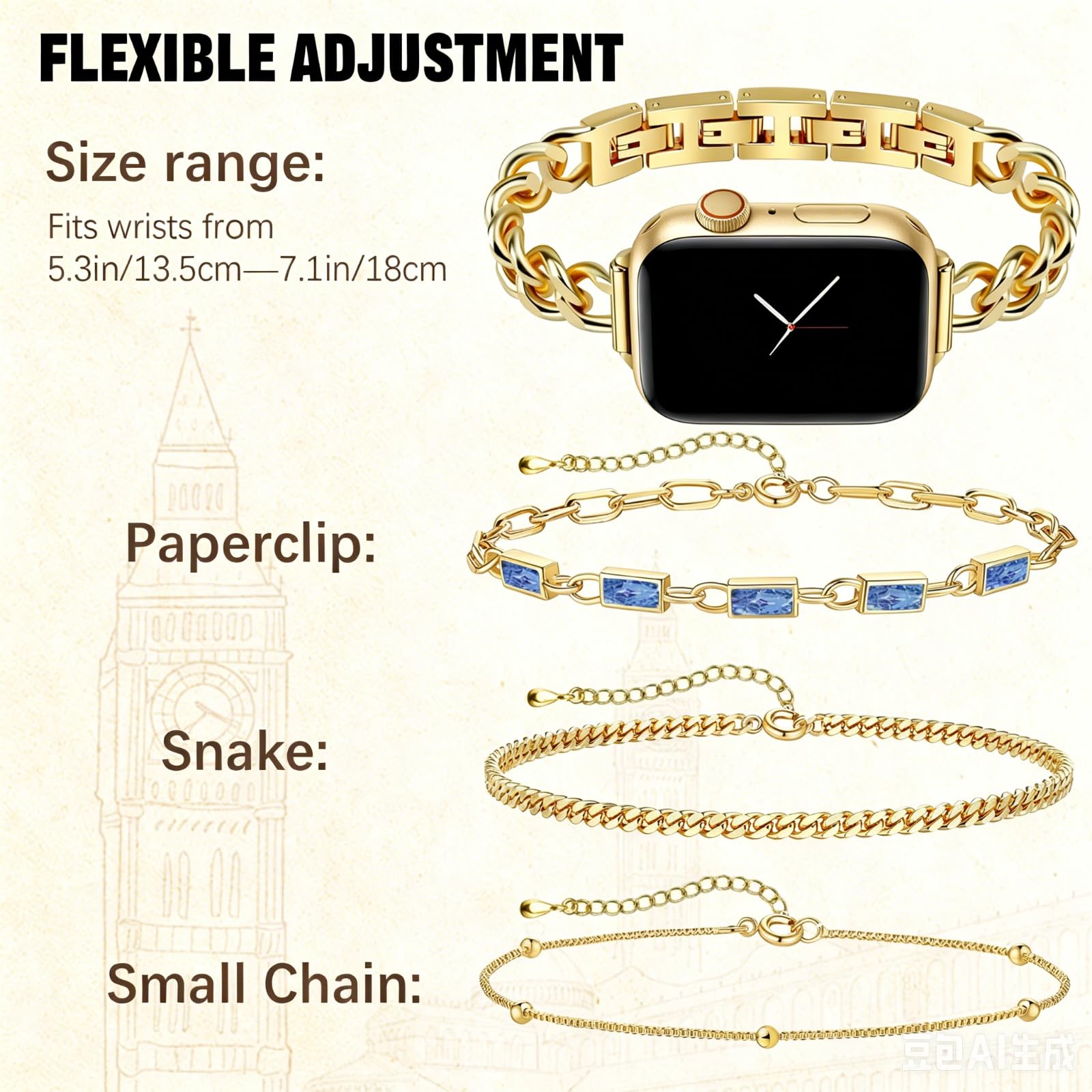 Bracelet fin doré pour bracelet Apple Watch 38-49 mm pour femme