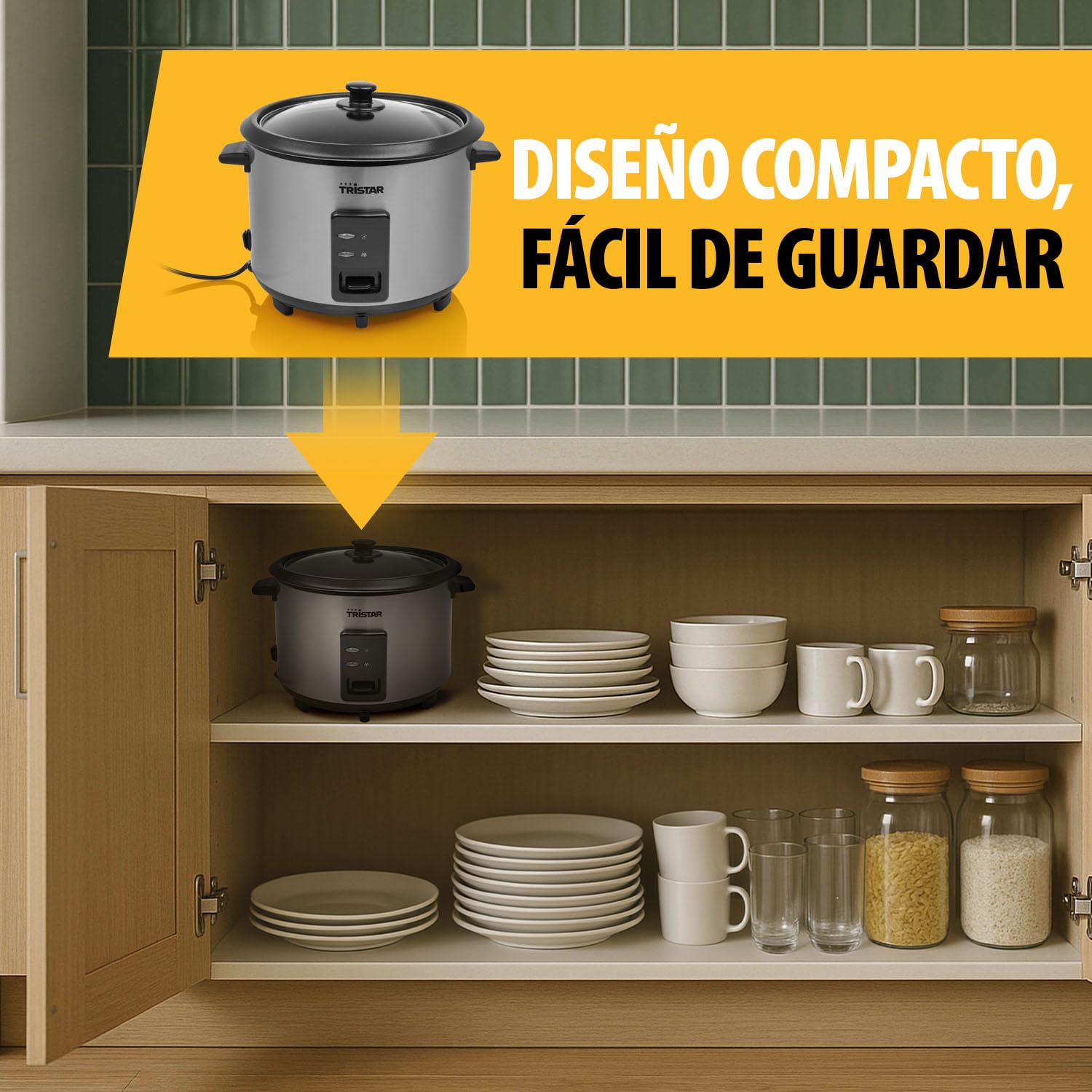 Tristar Olla Arrocera, Capacidad 1,8 L, Cuerpo de Acero Inoxidable con Tapa de Cristal, Recipiente Antiadherente, Apagado Automático y Función Mantener Caliente, 700 W, RK-6148