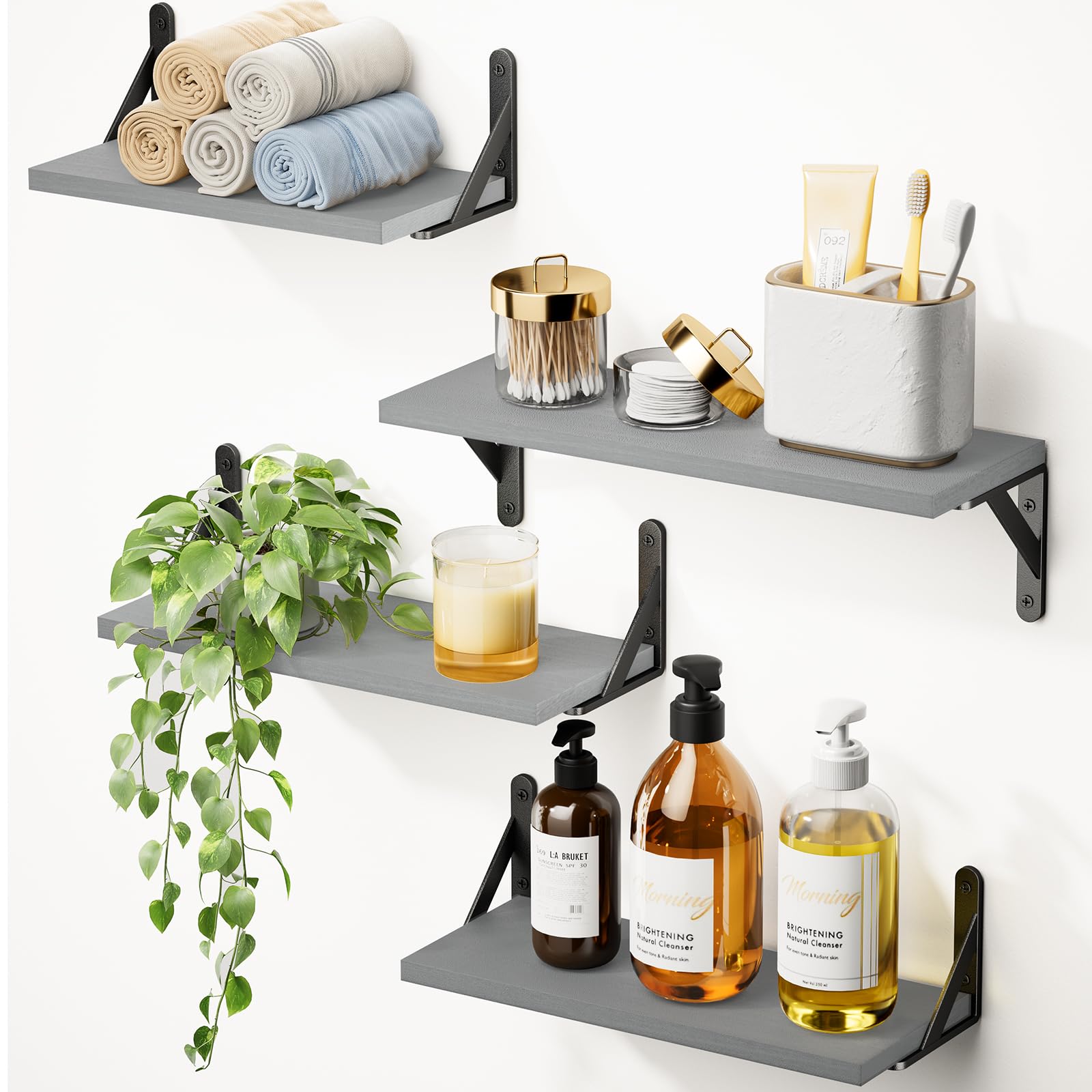 AMADA HOMEFURNISHINGFloating Shelves Wall Mounted Set of 4, Wood Shelves for Wall Décor, Rustic Storage Shelf, Wall Shelves for Bedroom, Bathroom, Living Room, Kitchen, Office,Weathered Gray