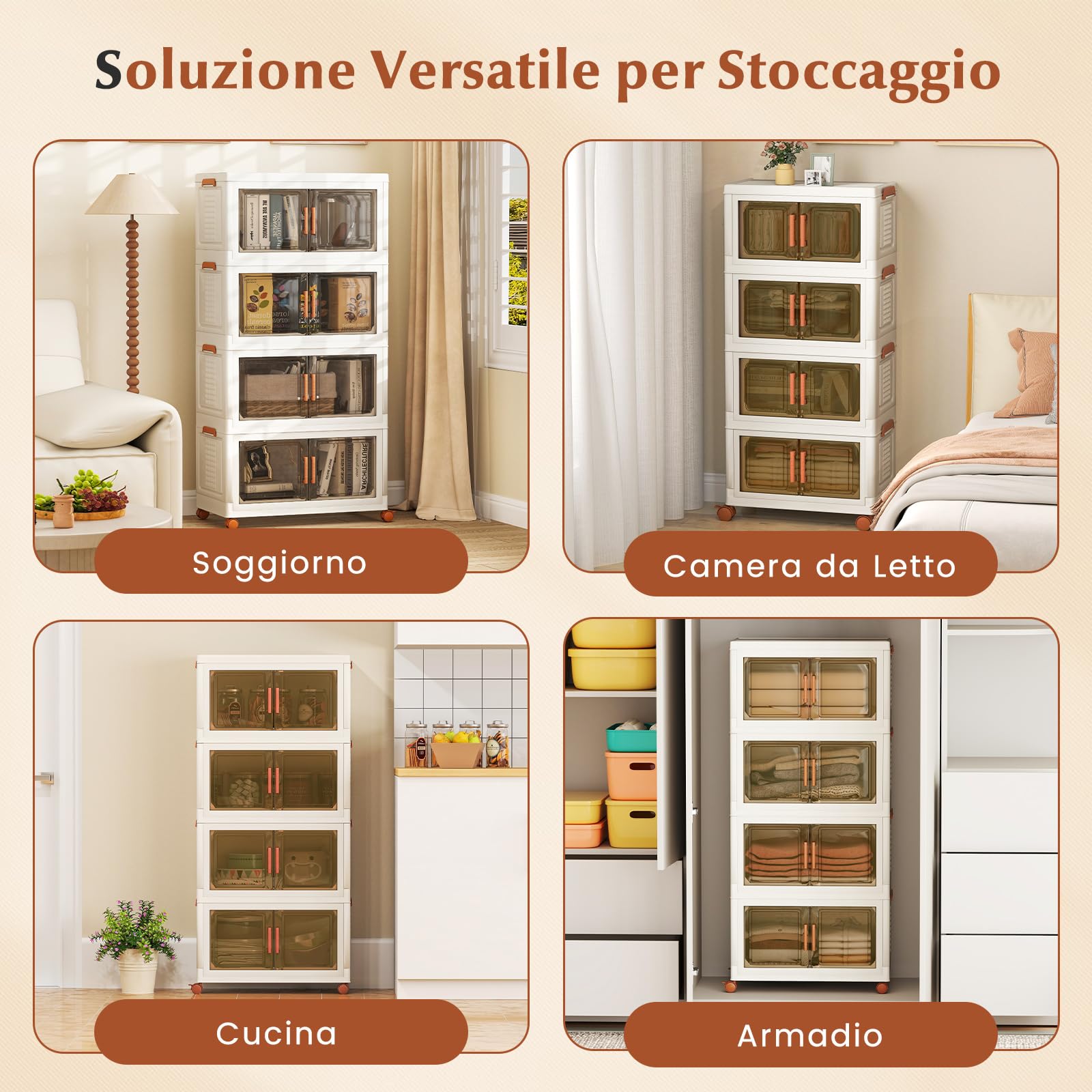 COSTWAY Contenitori Pieghevoli con Coperchio, Set da 4/3 Scatole di Plastica Impilabili con Ruote, per Organizzatore di Armadio con Porte a Apertura Frontale, Multiuso (68,5 x 37,5 x 140 cm)