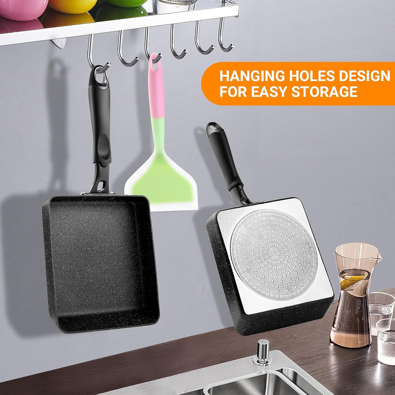 HAPPi STUDIO Tamagoyaki Pan Japanese Omelette Pan Set - Japanese Egg Pan Nonstick with Lid, Spatula and Chopsticks - Tamago Pan PFOA Free Omelet Pan - Korean Cookware Square Pan: Home & Kitchen