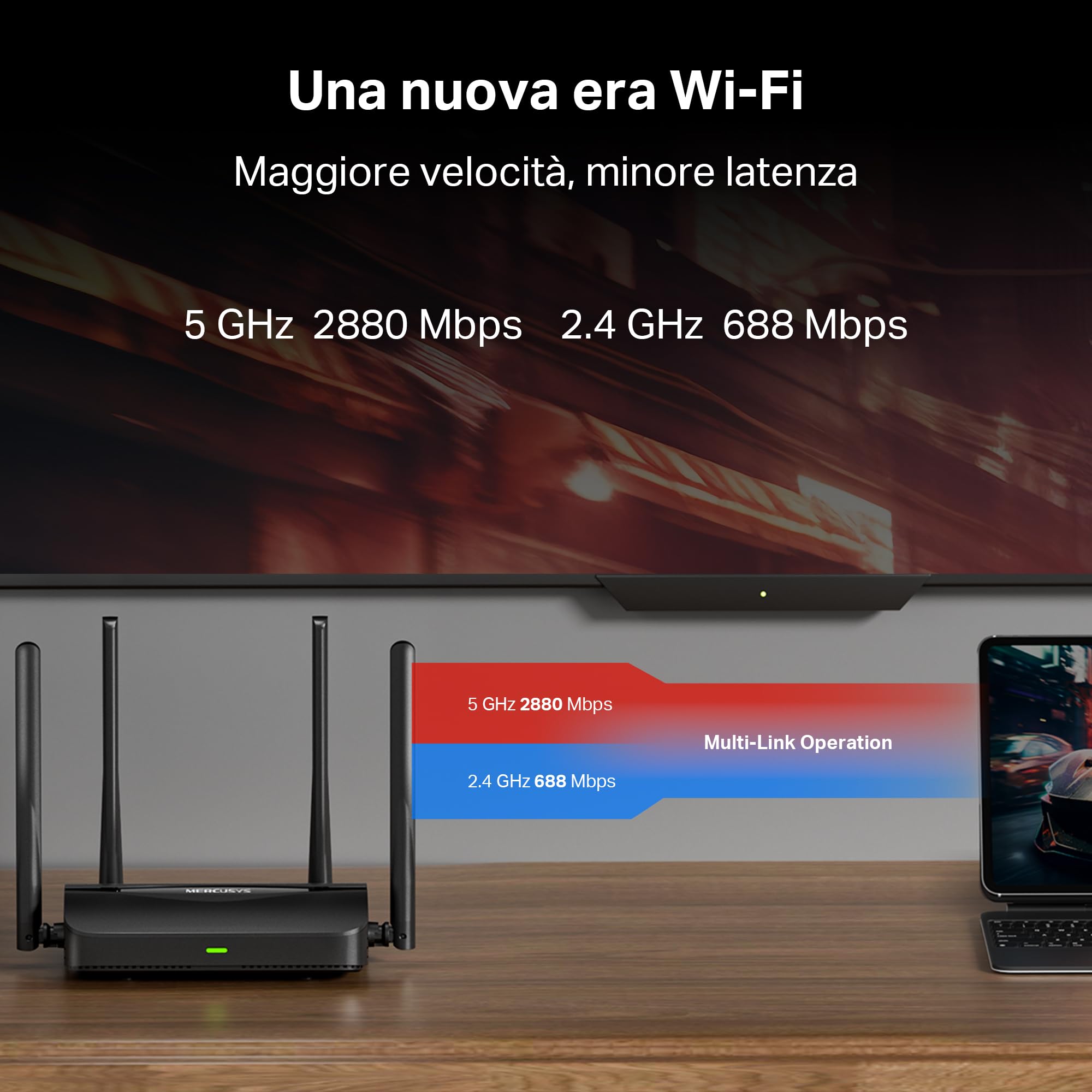 MERCUSYS TP-Link MR25BE Router WiFi 7 BE3600Mbps Dual-Band, 4 Porte Gigabit, 4 Antenne Ad Alto Guadagno, Canali 160MHz, 4K-QAM, MLO, Sicurezza WPA3, Controllo da APP, non supporta xDSL