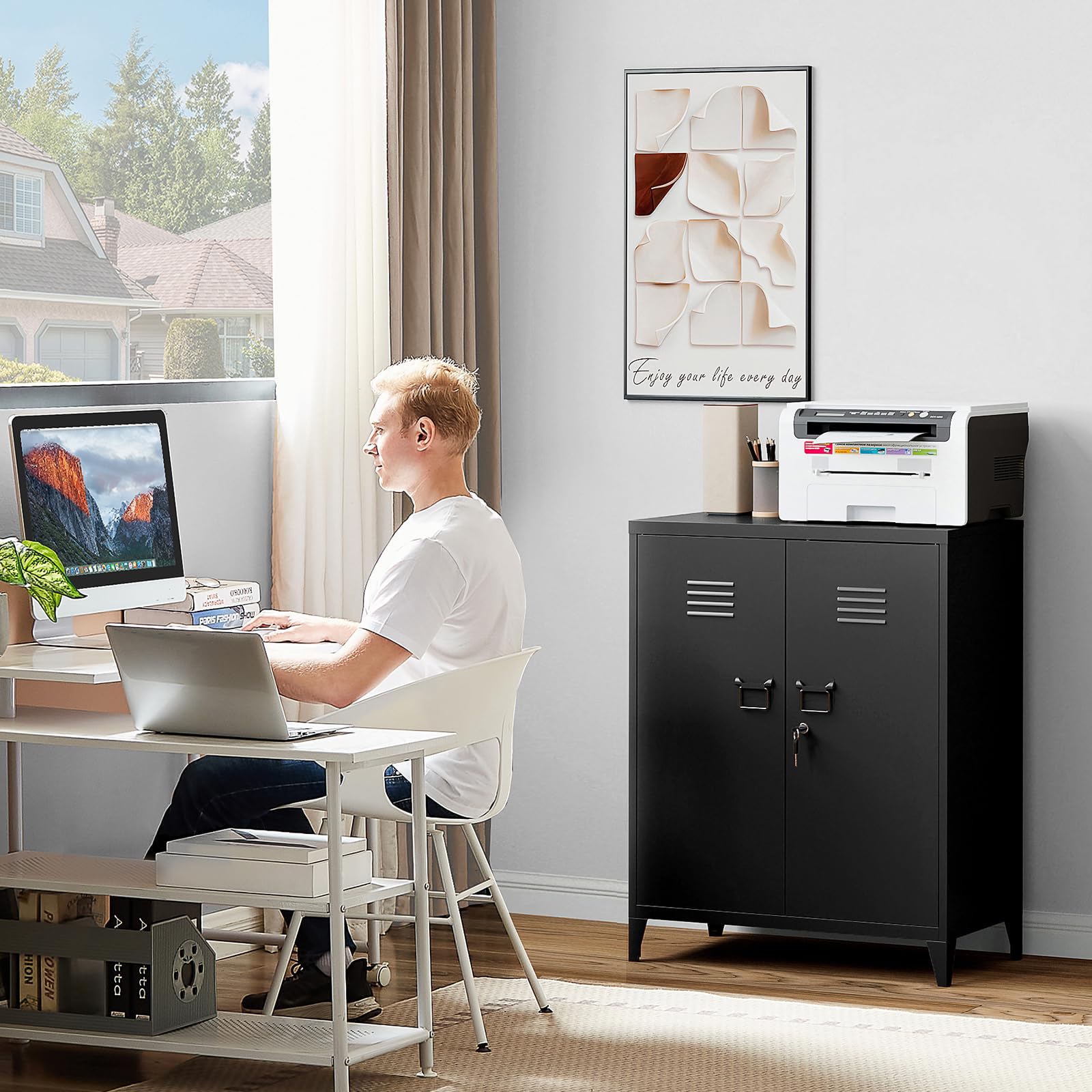 Sightlife Noire Armoires de Bureau,Placard Polyvalent, Meuble de Rangement en Acier, Bureau, Maison, école, Cuisine, Garage, Armoire Murale à Outils, 2 Portes 90 x 80 x 40 cm