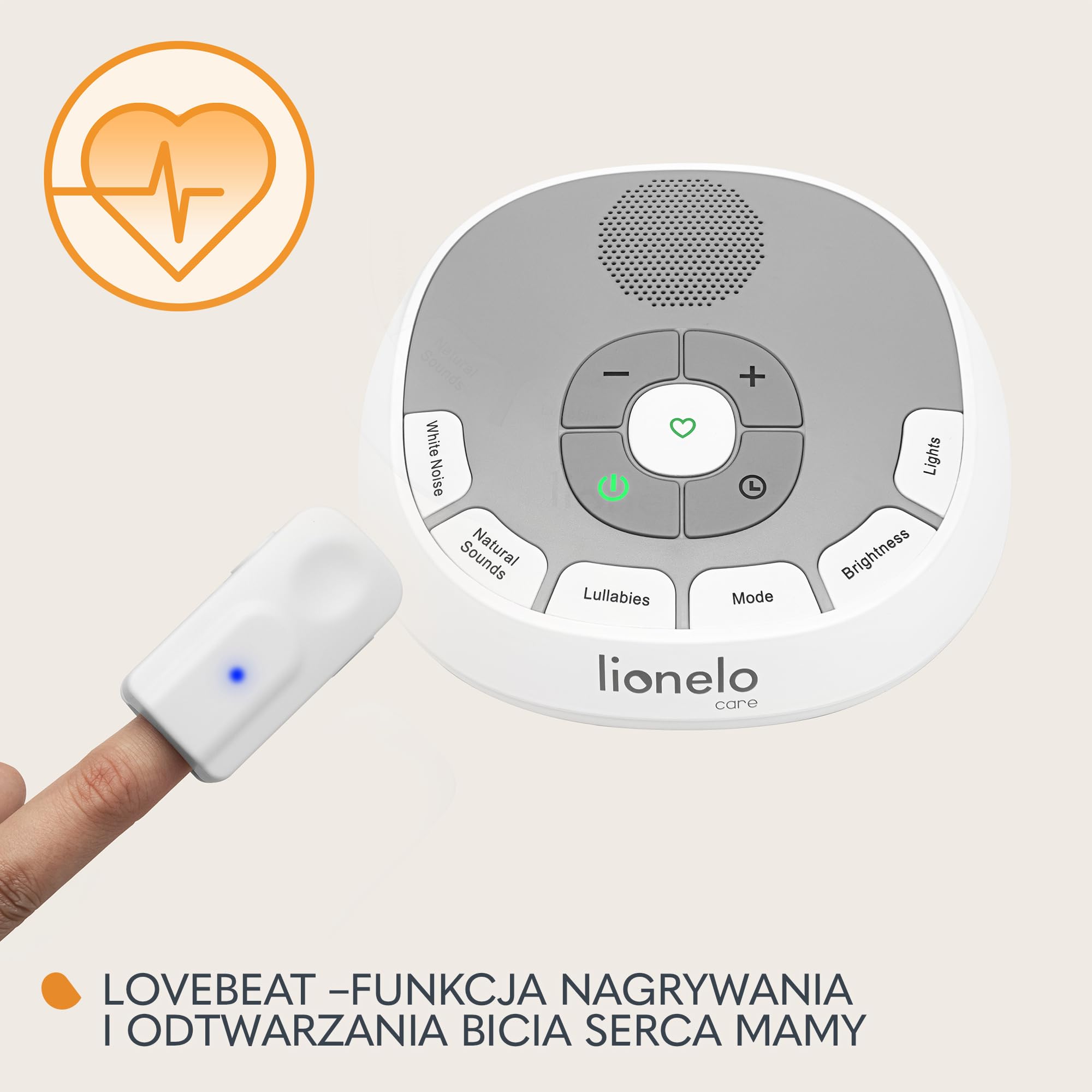 LIONELO BabyNap Przenośna Pozytywka do Usypiania Niemowląt 2 w 1 Lampka Nocna z 11 Kolorami Światła, 20 Dźwięków Kołysanki Szumy, Timer, Nagrywanie Bicia Serca Mamy Love Beat