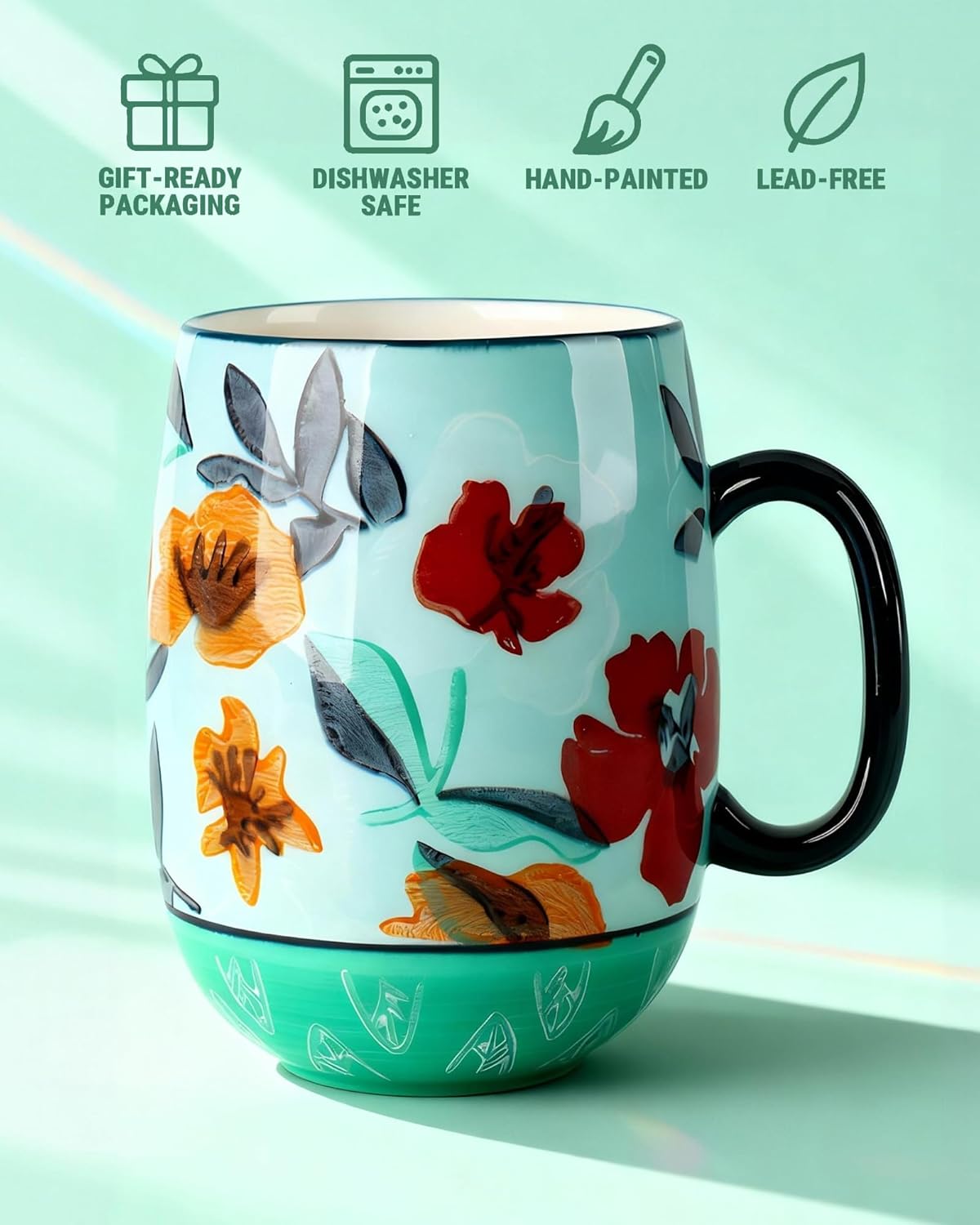 Large 24oz Ceramic Coffee Mug with Handle for Coffee or Tea, Hand-Painted Floral Pottery Mug for Women, Durable Microwave & Dishwasher Safe, Christmas Gift for Family, Holiday & Fall Decor
