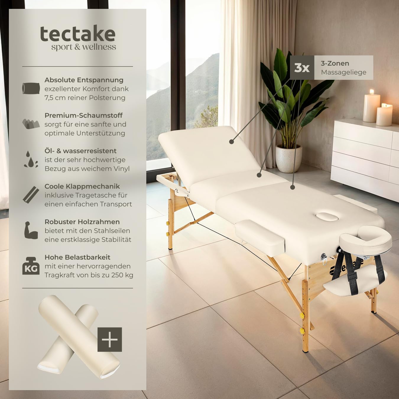 tectake® Mobile Massageliege mit 3 Zonen, klappbar, mit 7,5 cm Polsterung, bis 250 kg belastbar, Massagebank mit Zubehör Tasche, Voll- und Halbrolle, mobiles Möbel für Massage - beige
