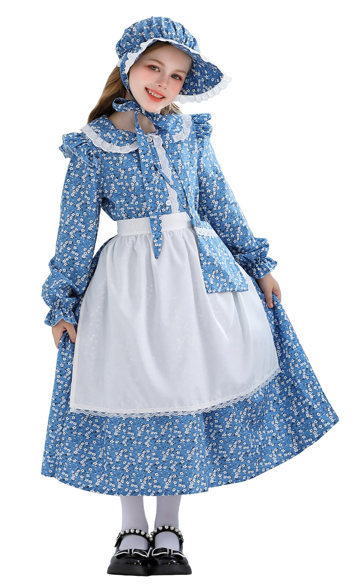 NEAWEALY Girl Pioneer Maid Dress Kids Colonial Outfit Prairie Dress Victorian Halloween Maid Costume Blue 11-12Y