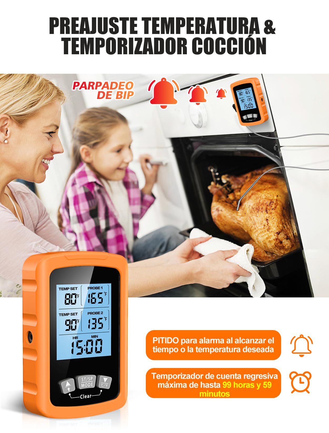 CIRYCASE Termometro Cocina, Termometro Carne Digital de Lectura Rápida & Precisa con Sondas Duales 16.3cm, Retroiluminada & Alarma Temporizador, Termometro Horno Apagado Auto para Parrilla/Horno/BBQ