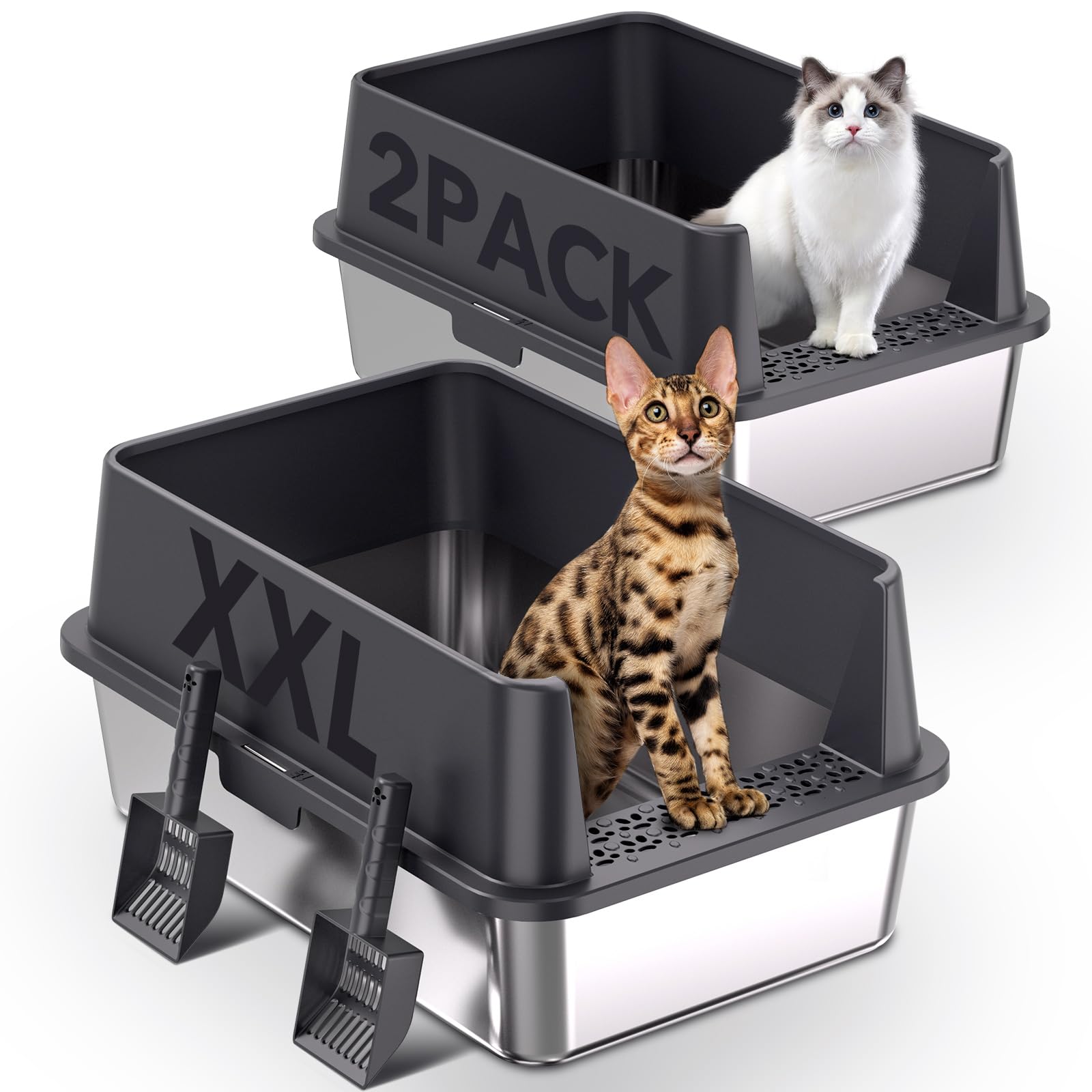 2er Set XXL Katzenklo Edelstahl 60×40×30 cm (37 L) – hoher Rand offene Katzentoilette Edelstahl für große Katzen & Mehrkatzenhaushalte, Metall Katzenklo geruchsfrei, auslaufsicher, inkl. Streuschaufel