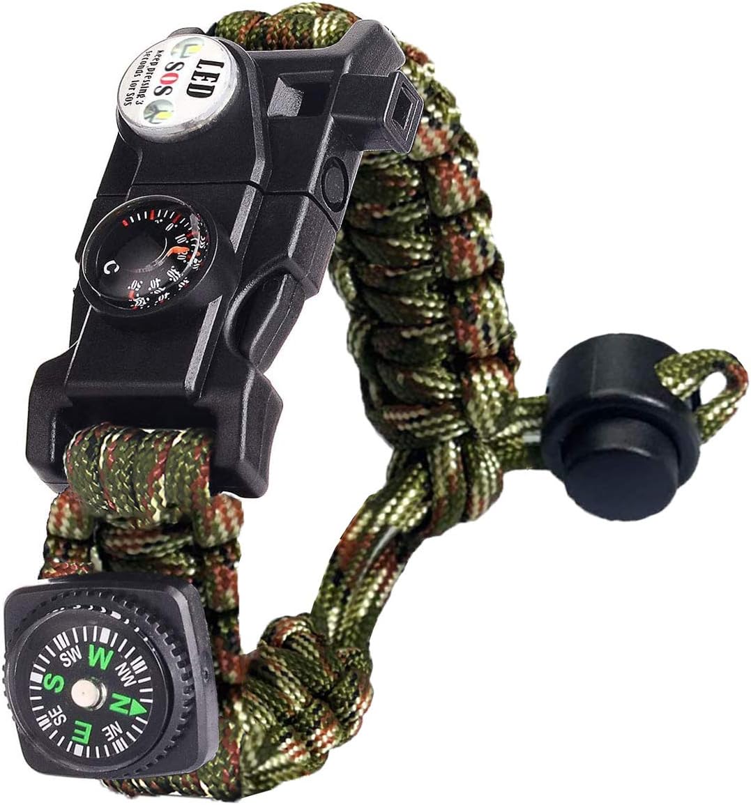 Paracord Survival Bracelet Kit Adjustable with Flint fire starter + Compass + Thermometer + Whistle + Umbrella rope + LED light + Multi-tool + Card reader, for Hiking Camping Outdoor Activities